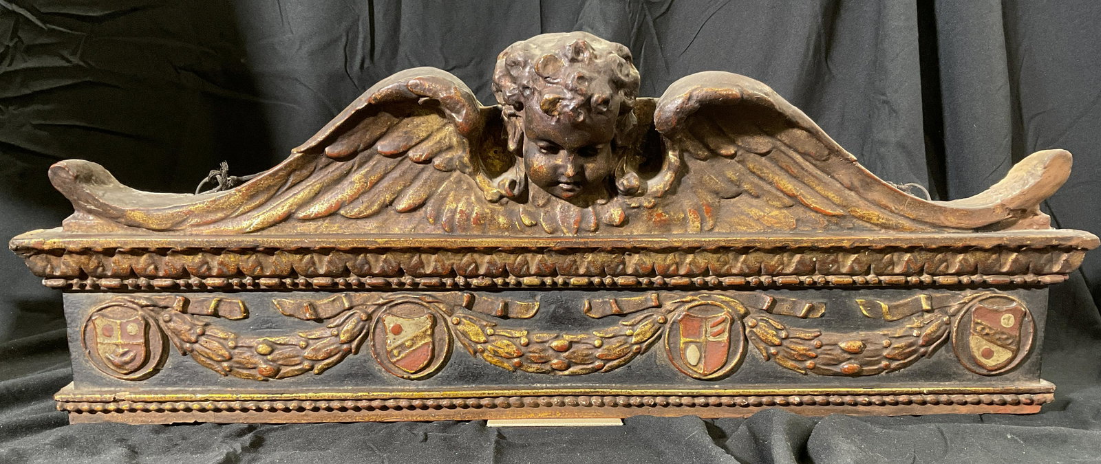 Antique Carved Wood Door Pediment: Carved Wood Door Pediment w 4 Relief Shields. Attributed to Renaissance door pediments with family shields. Door pediments back in the 15th c. would consist of a familys shield to help identify who li