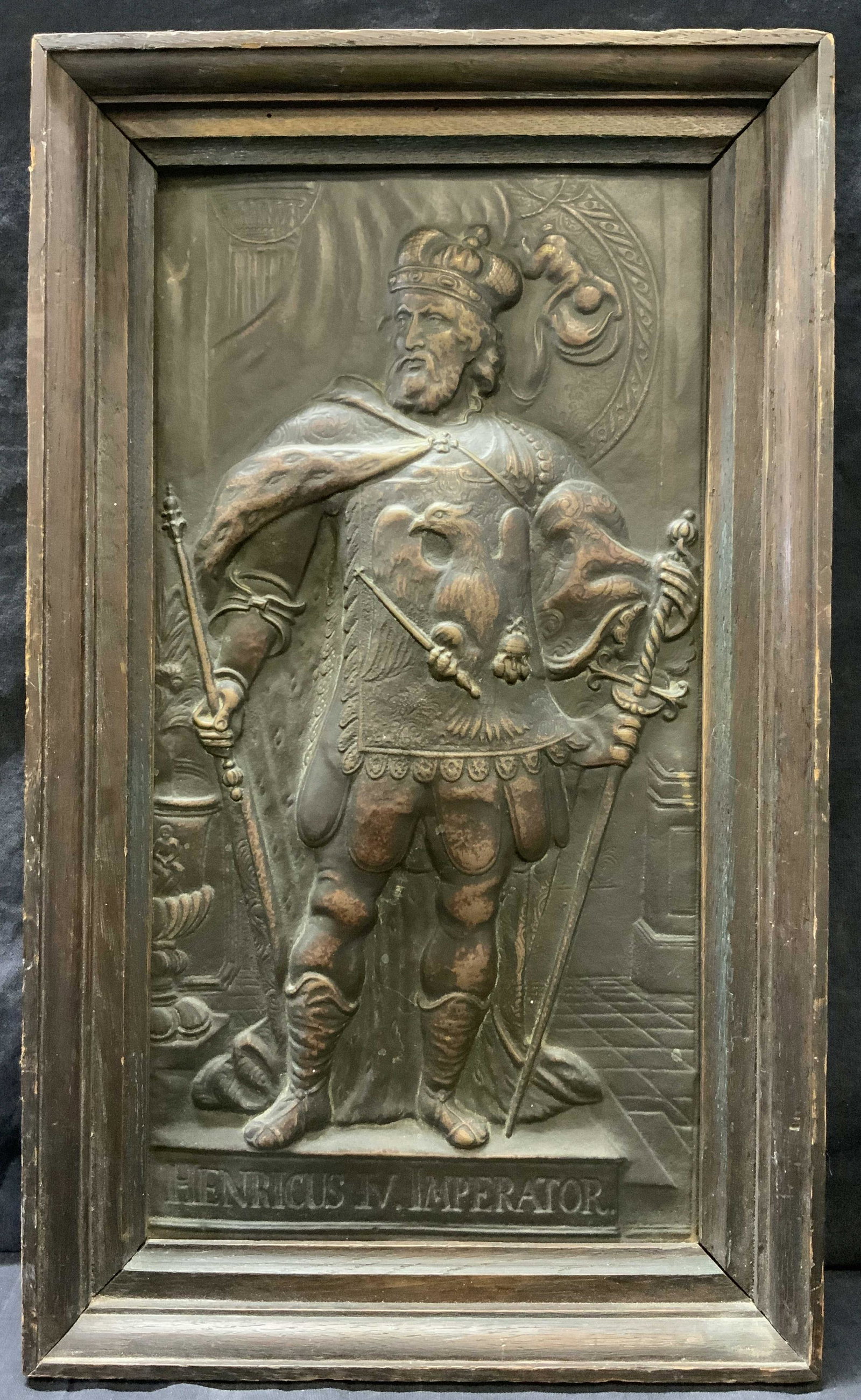 Henricus IV Imperator Framed Metal Relief: Henricus IV Imperator Framed Metal Relief, dark brown toned metal, inscription reads Henricus IV Imperator, subject shows the emperor of the Holy Roman Empire (1084-1105) holding a scepter in his righ