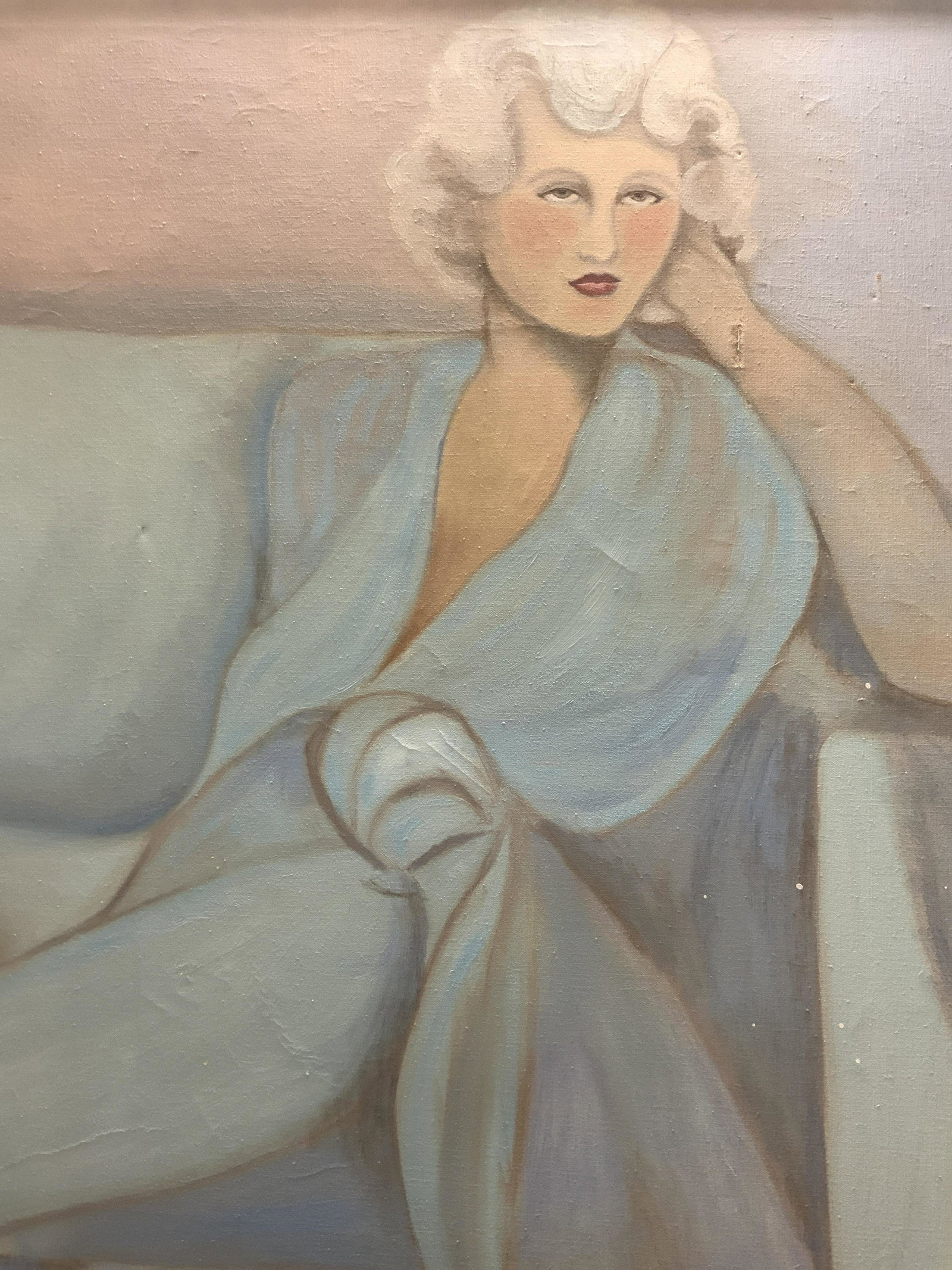 H. BERNSTEIN Signed Portrait of A Woman XL: H. BERNSTEIN Signed Portrait of A Woman, acrylic on canvas, signature to lower right reads H Bernstein, subject shows a woman reclined, leaning her head on her hand in a monochromatic palette & midcen
