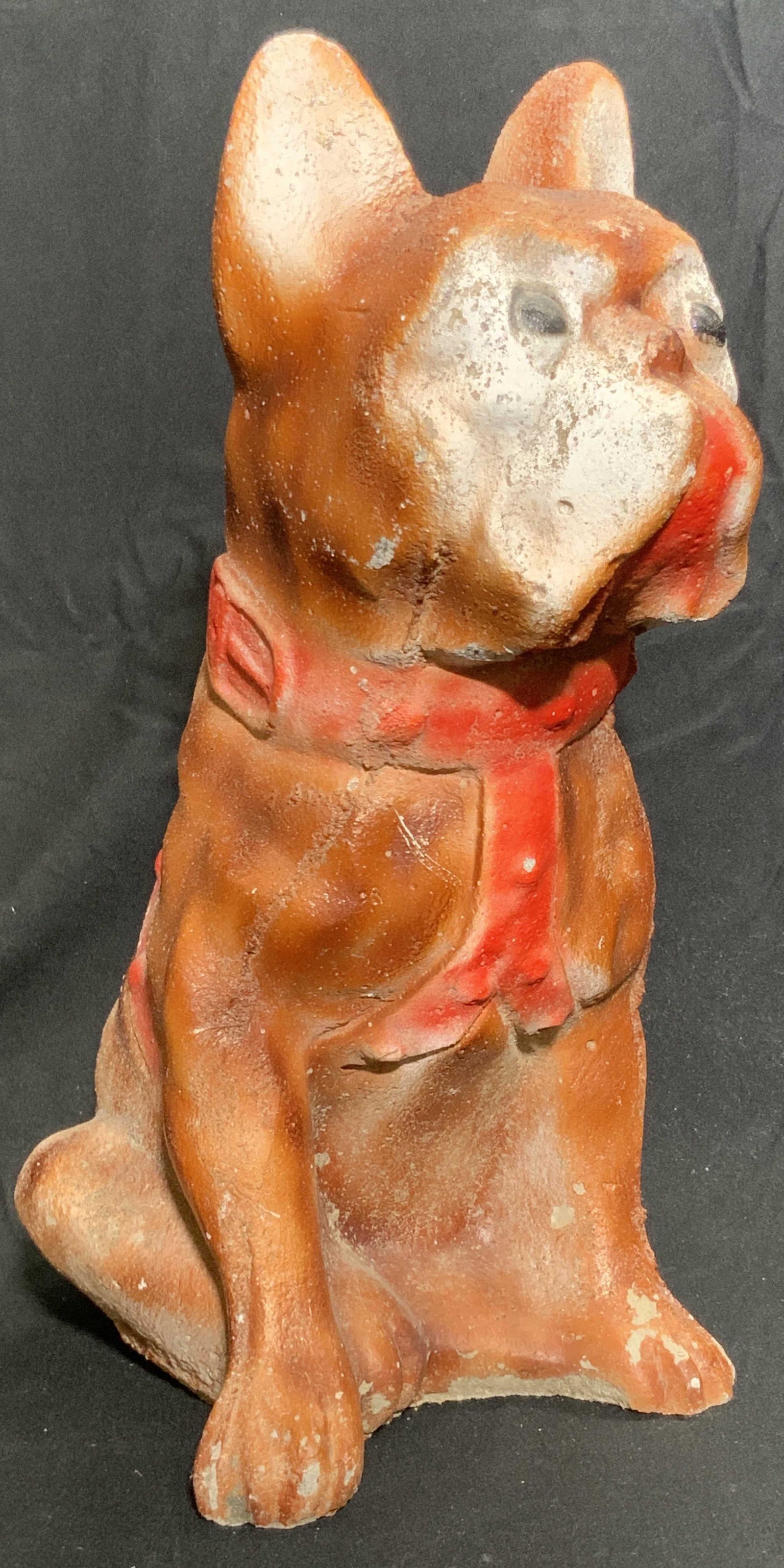 Antique Painted Stone French Bulldog Dog Statuary: A vintage, possibly antique, French Bulldog stone statuary. Painted red, white, and rust hues. Crafted from what appears to be stone. Weighty. Measures approx 13H x 6.5W in. Measured at widest point. 