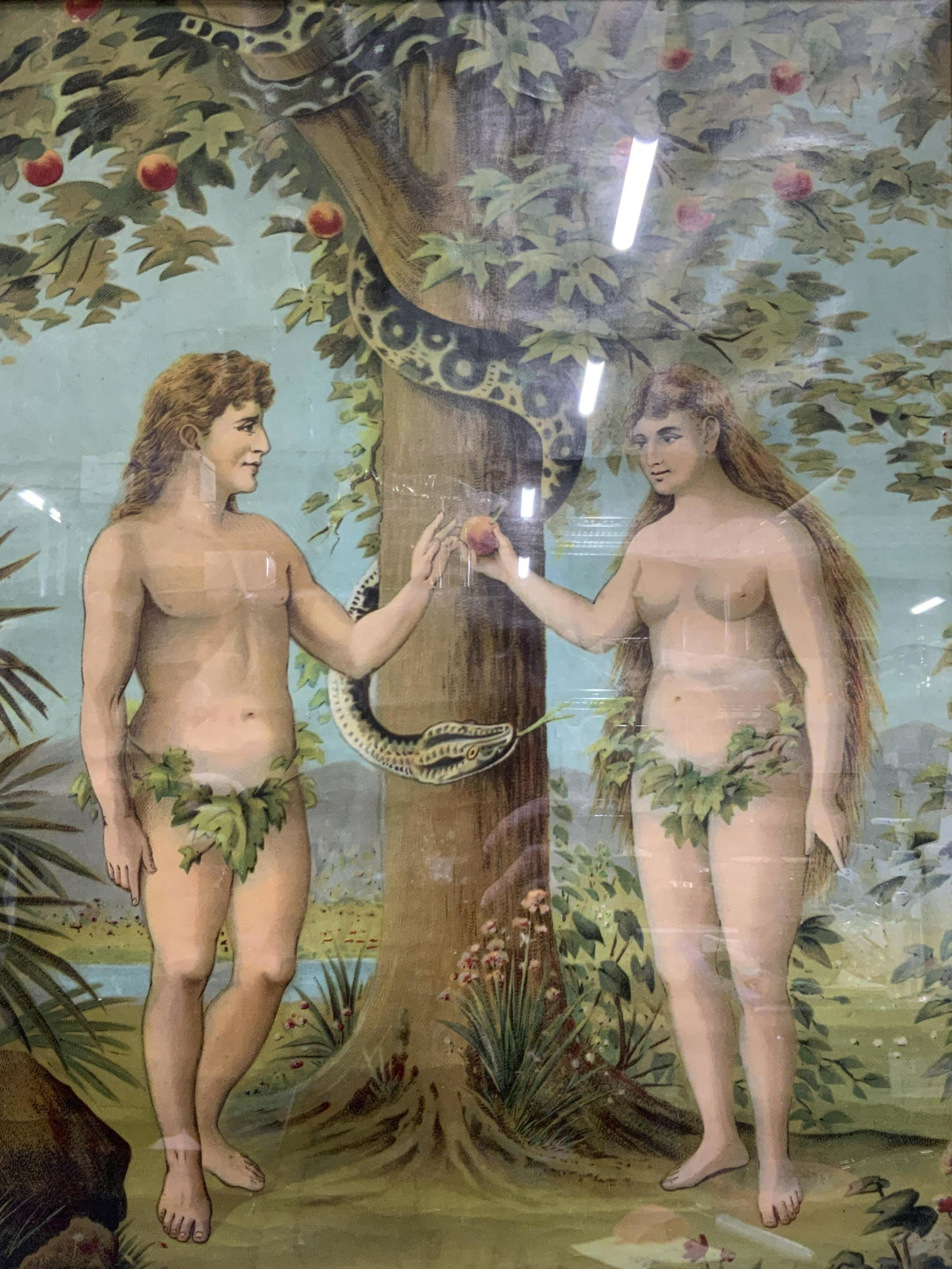 Adam & Eve Driven From Paradise Atq. Lithograph: Adam & Eve Driven From Paradise Antique German Lithograph circa 1886, lithograph on canvas with finish, no apparent inscriptions, subject shows Eve handing the forbidden fruit with the tree of knowled