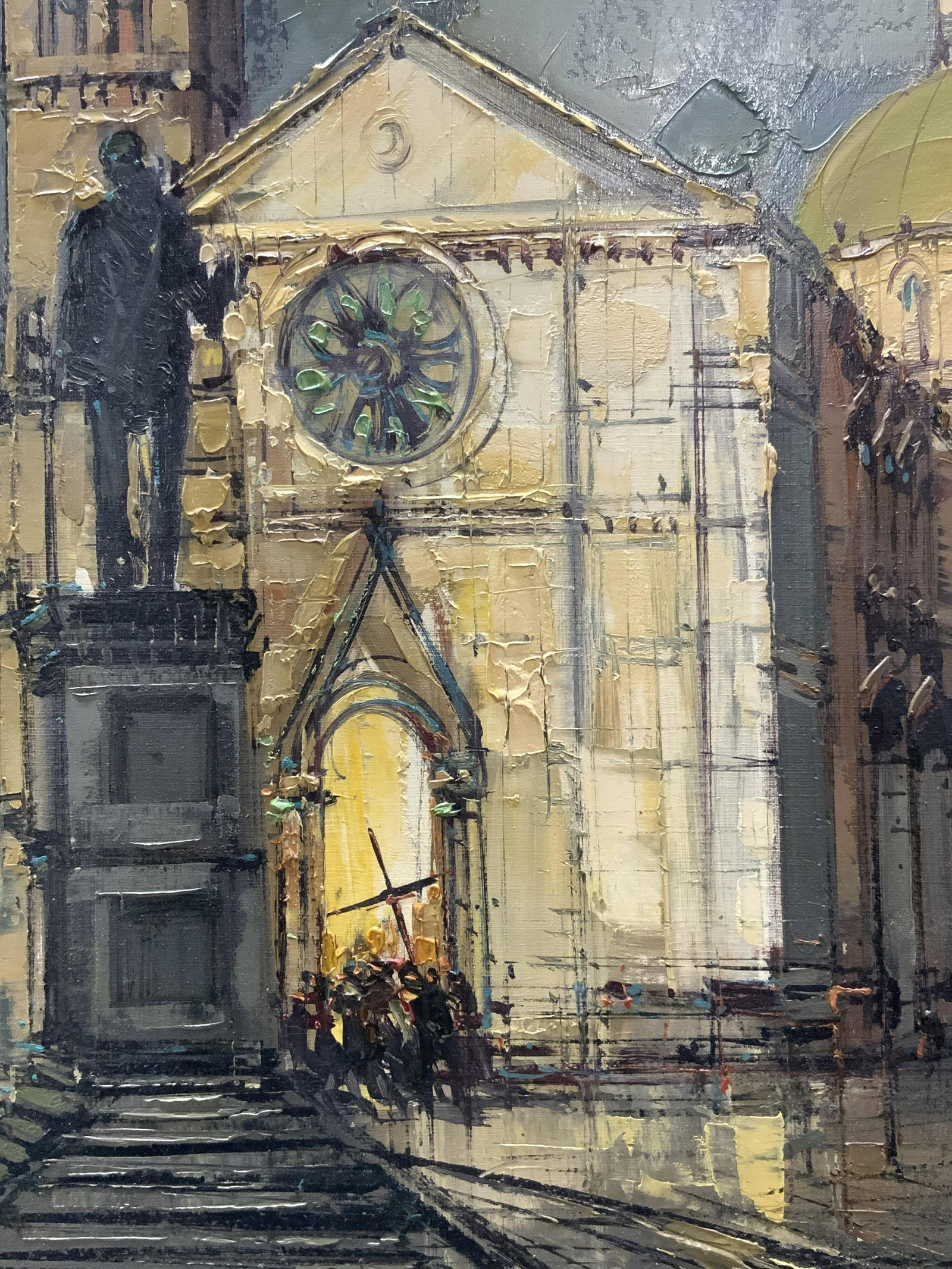 A. VALERIO Italian Basilica Mass Oil Painting: A. VALERIO Italian Basilica Mass Oil Painting, oil on canvas, inscribed signature to lower right reads A. VALERIO, subject shows the facade of a basilica cathedral with mass proceedings and a large st