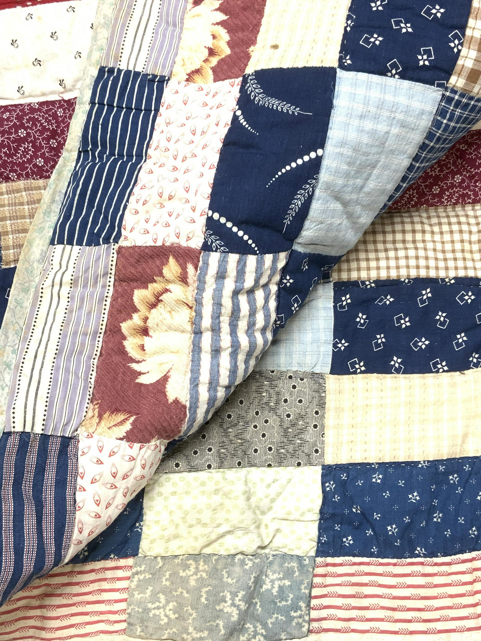 Antique Handmade Linen Patchwork Quilt Throw (1 of 8)