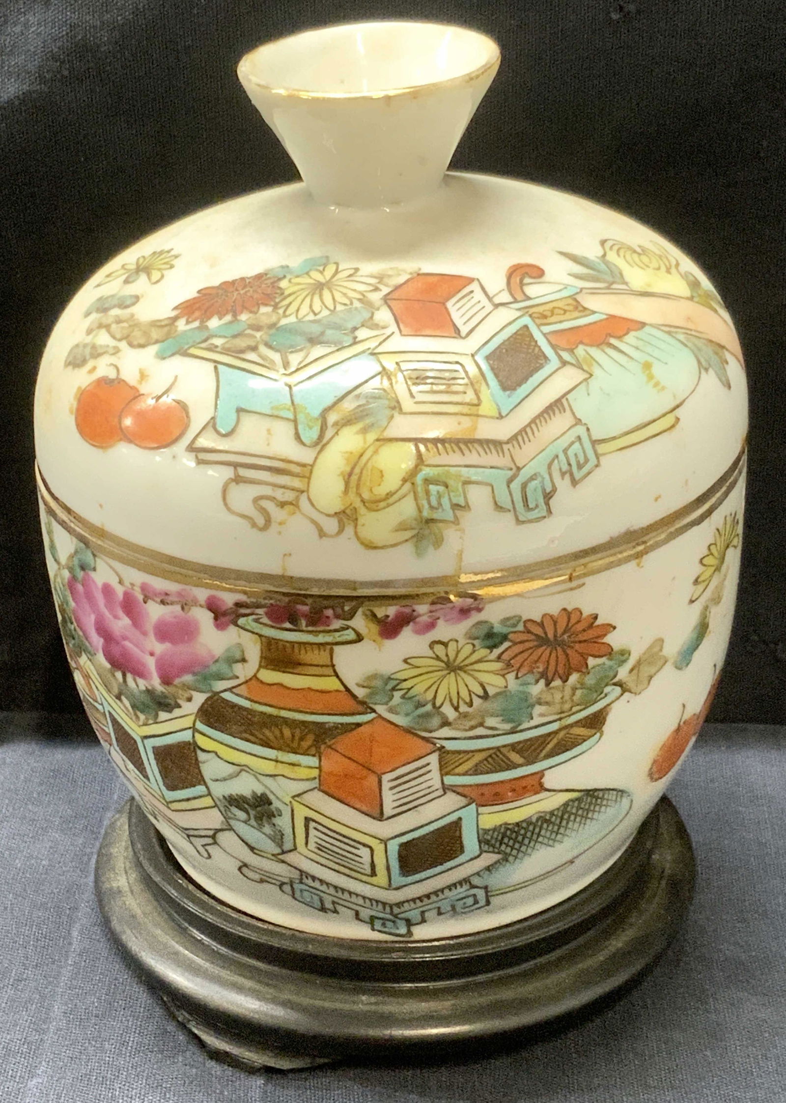 Vtg. Signed Hand Painted Asian Style Jar W/ Stand (1 of 4)