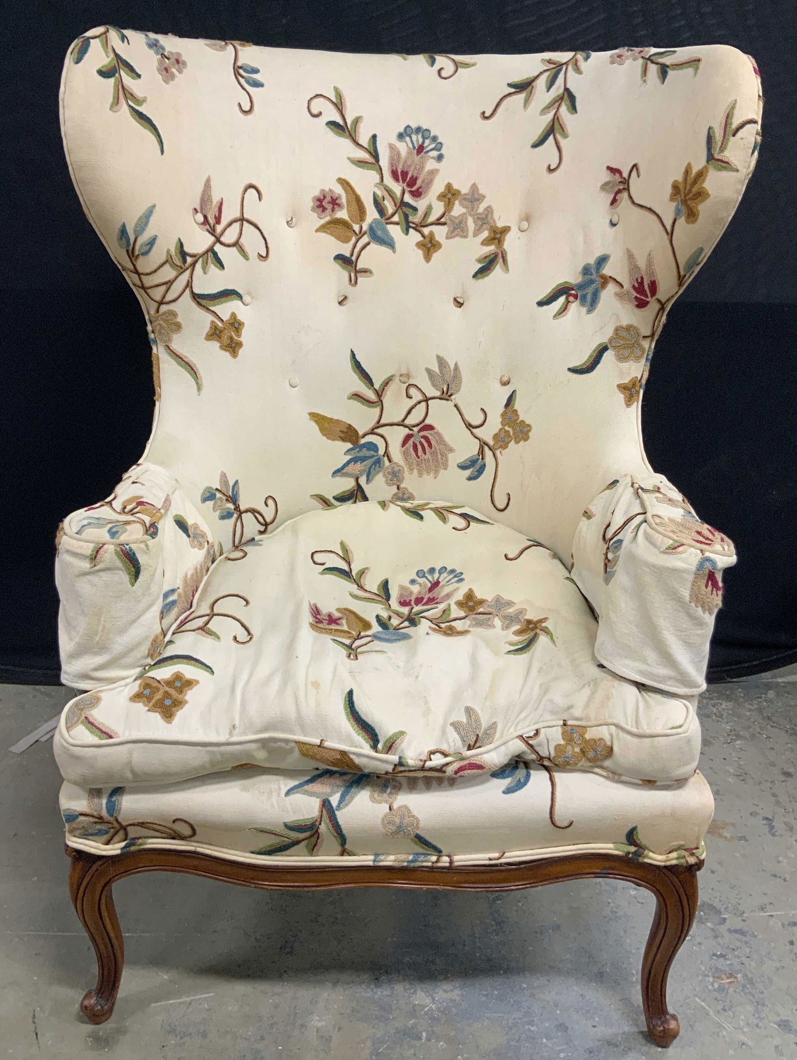 Antique Crewel Embroidered Wingback Armchair (1 of 13)