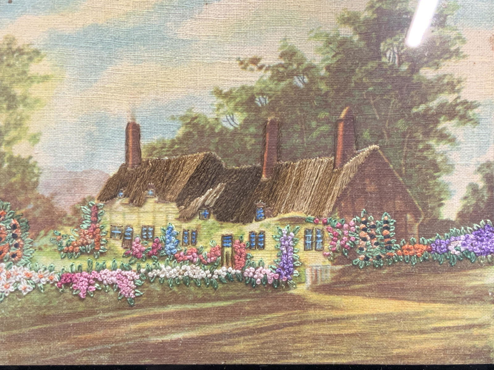 Framed Cottage Fabric Print with Embroidery (1 of 4)