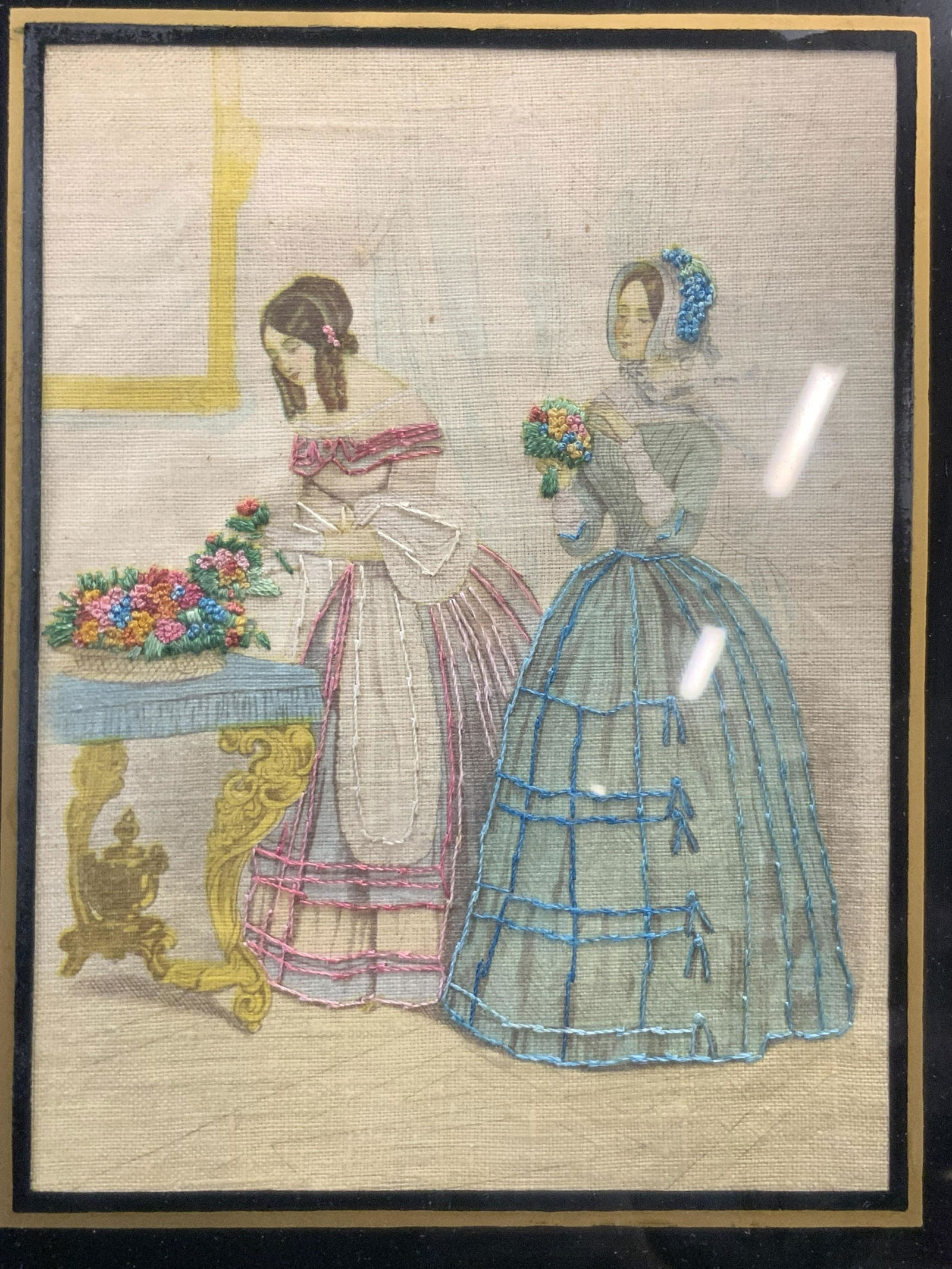 Framed Victorian Girls Fabric Print w Embroidery (1 of 5)