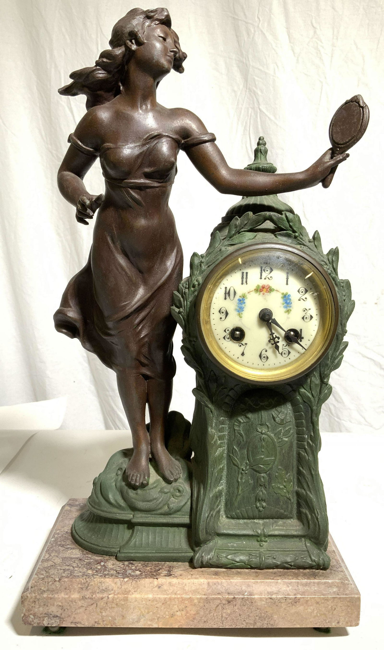 Vntg Bronze Female Figure Clock W Marble Base (1 of 10)