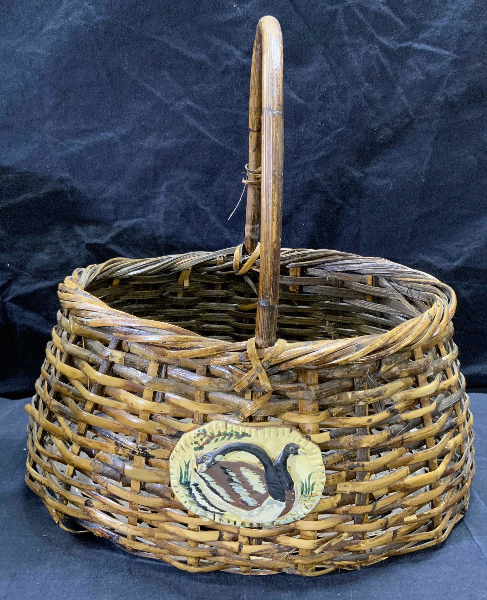 Woven Rattan Basket with Duck Motif: Woven Rattan Basket with Duck Motif, measures 13 inches long x 10 inches wide x 14 inches tall. Rattan, rattan decor, basket, rattan basket, picnic basket, decorative baskets, Easter basket, 5B