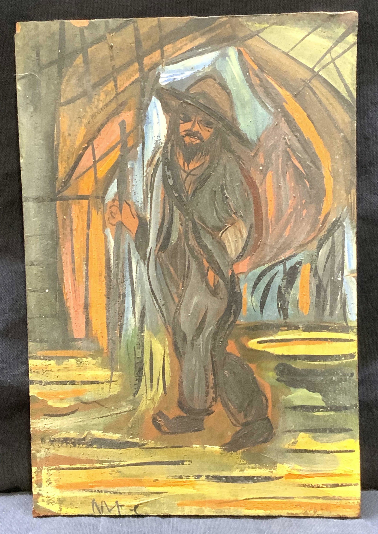Signed Fauvist Expressionist Oil Painting On Tile: Signed Fauvist Expressionist Oil Painting On Terracotta Tile, lower left is initialed NMC, subject shows a bearded man with walking stick, measures approx 9 x 6 in., no frame, surface wear to piece. P