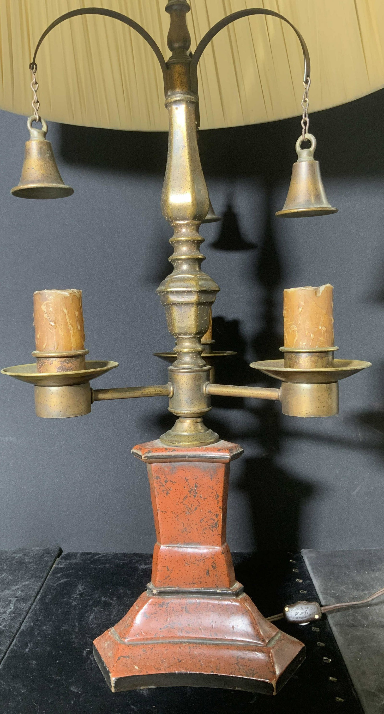 Vintage Candelabra Lamp W Shade: Lamp is vintage possibly antique. Piece has 3 arms each with candlestick holders at ends with snuffers hanging above. Lamp includes shade and finial. Base appears to be wooden possibly composite. Lamp