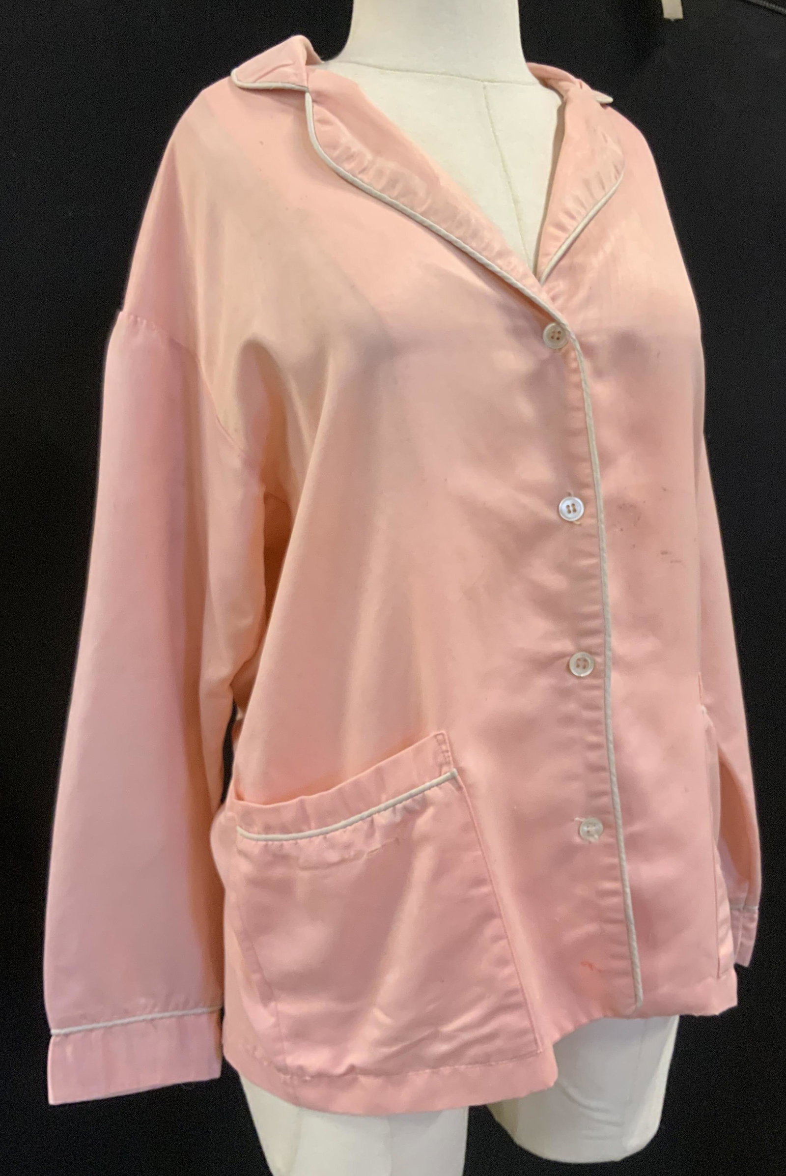 Silk & Cotton Pink Pajama Top: Silk & Cotton Pajama Top, brand tag illegible, measures 26 inches in height, sleeves measures 29 inches from neck, space between shoulders measures 20 1/2 inches. Some stains/discoloration throughout.