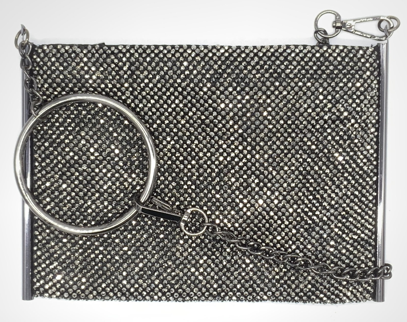 ESTEE & LILLY Rhinestone Mesh Crossbody Purse: ESTEE & LILLY Rhinestone Mesh Crossbody Purse, grey rhinestone mesh exterior, grey toned hardware, detachable chain link strap, black satin like interior with one slip pocket. Measures approx 6 1/4 x 