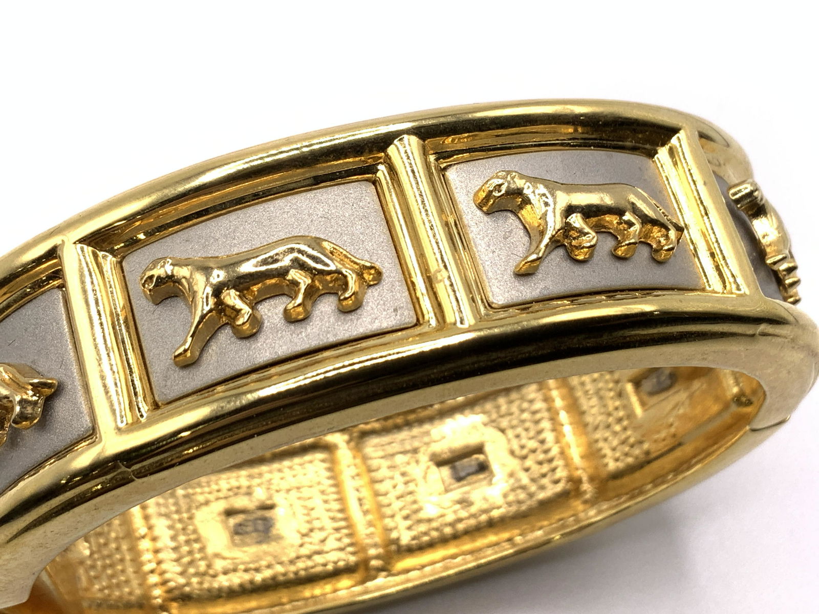 Gold Toned Hinged Bangle Bracelet with Panther (1 of 6)