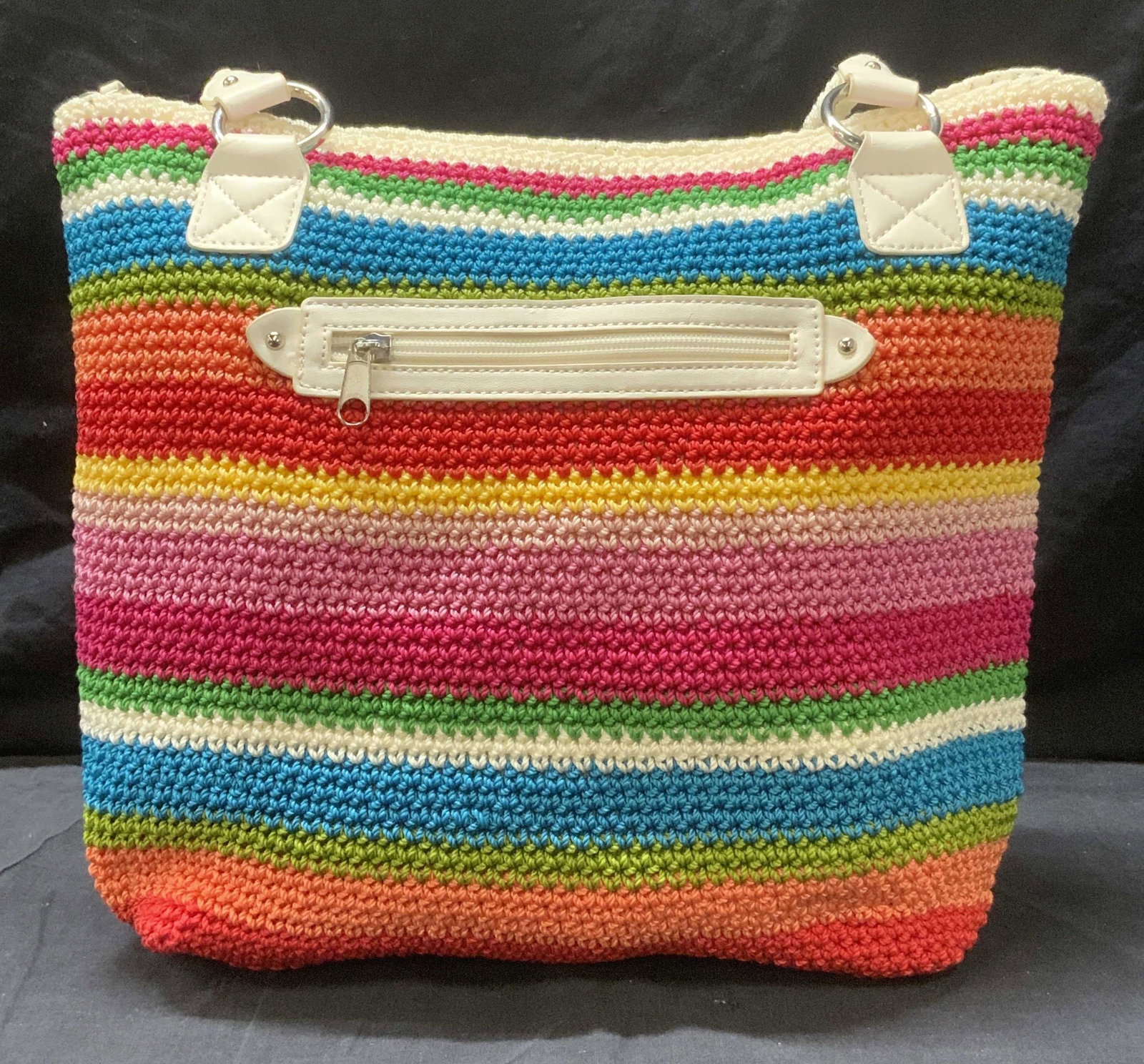 LINA Vibrant Multicolor Knitwear Tote: LINA Vibrant Multicolor Knitwear Tote, like new, silver toned hardware, white leather detail, dual white woven top handles, top zipper closure, one exterior zipper pocket, interior compartment has whi