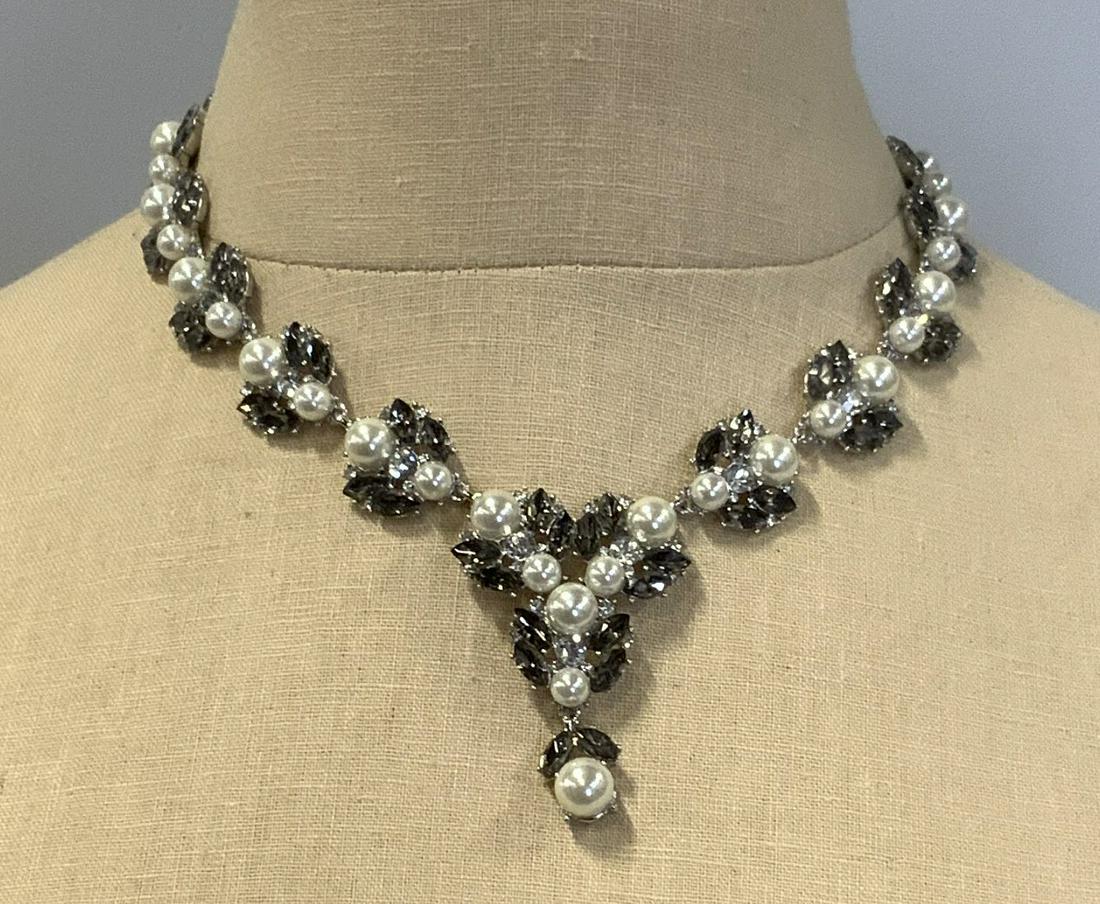 CHARTER CLUB Pearlescent & Crystalline Necklace: CHARTER CLUB Pearlescent & Crystalline Statement Necklace, pearlescent & grey ovular crystalline beads, silver toned metal strand with lobster claw clasp, measures approx 17 - 19 in. long, length adju