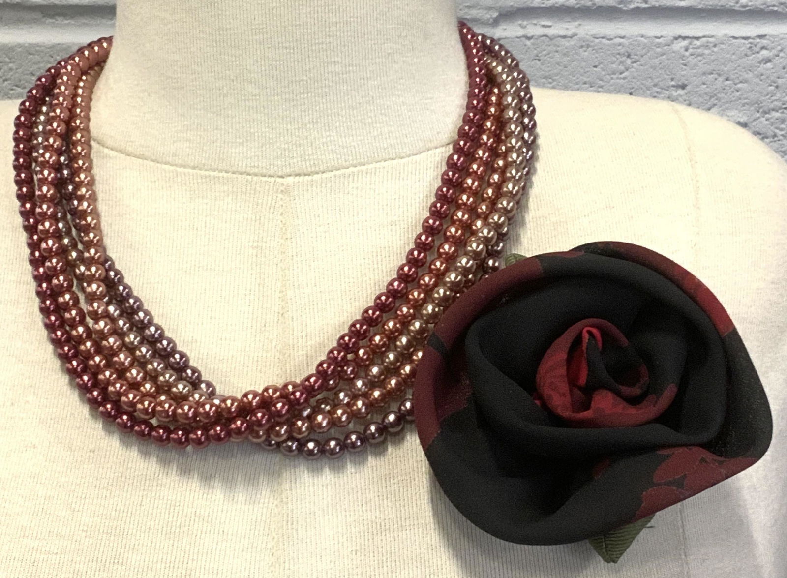 Multistrand Pink Pearlescent Necklace &Rose Pin (1 of 4)