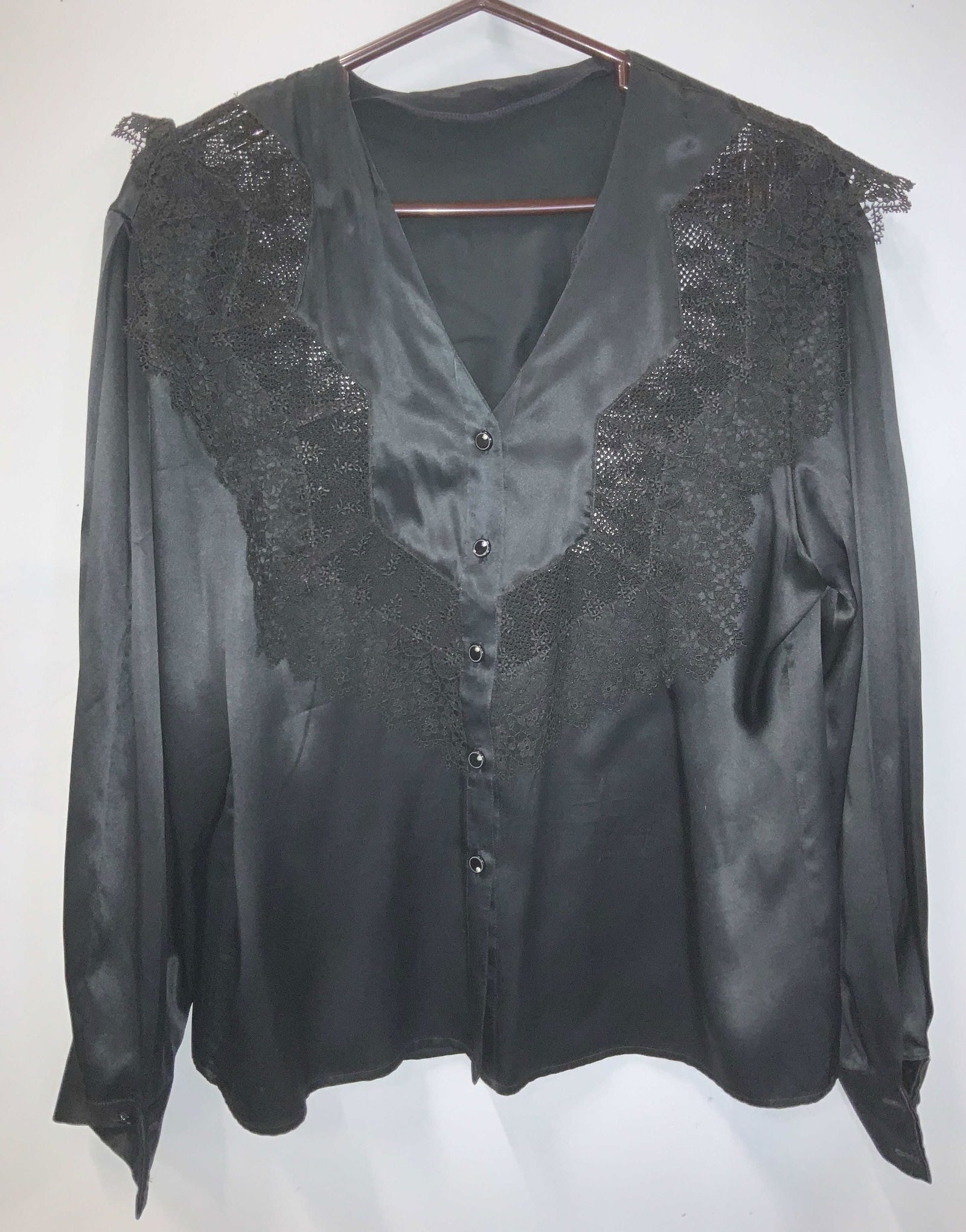 Vintage Black Silk Blouse with Lace Accents (1 of 5)