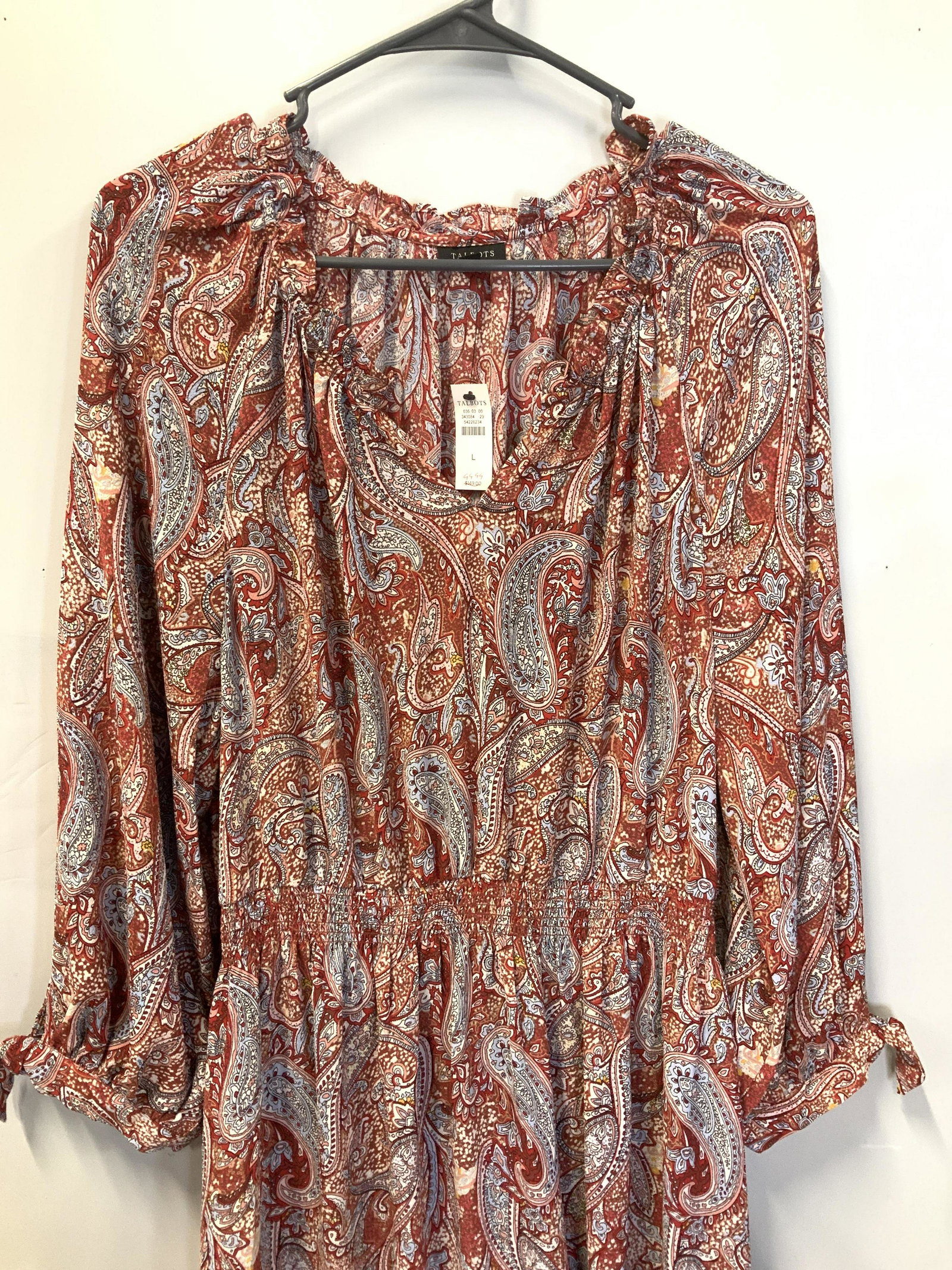 TALBOTS Paisley BOHO style Dress, NWT: Talbots dress, mostly red with blue and white paisley pattern, lined skirt, ruffled lower hem and collar, drop waist with elastic. New with tags, possibly silk or silk feel fabric, unmarked. Size Larg