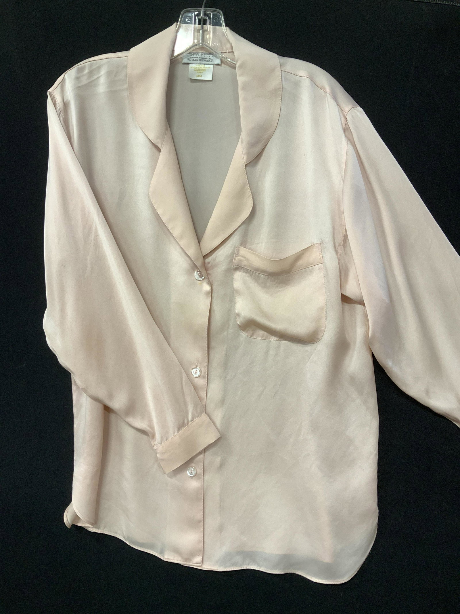 Bergdorf Goodman Pat Fieldwalker Silk Blouse: Vintage Blush pink silk blouse, signed with original label, reads BERGDORF GOODMAN COLLECTION DESIGNED EXCLUSIVELY BY PATRICIA FIELDWALKER Vintage size Medium, All silk, chest pocket, narrowed cuff. S