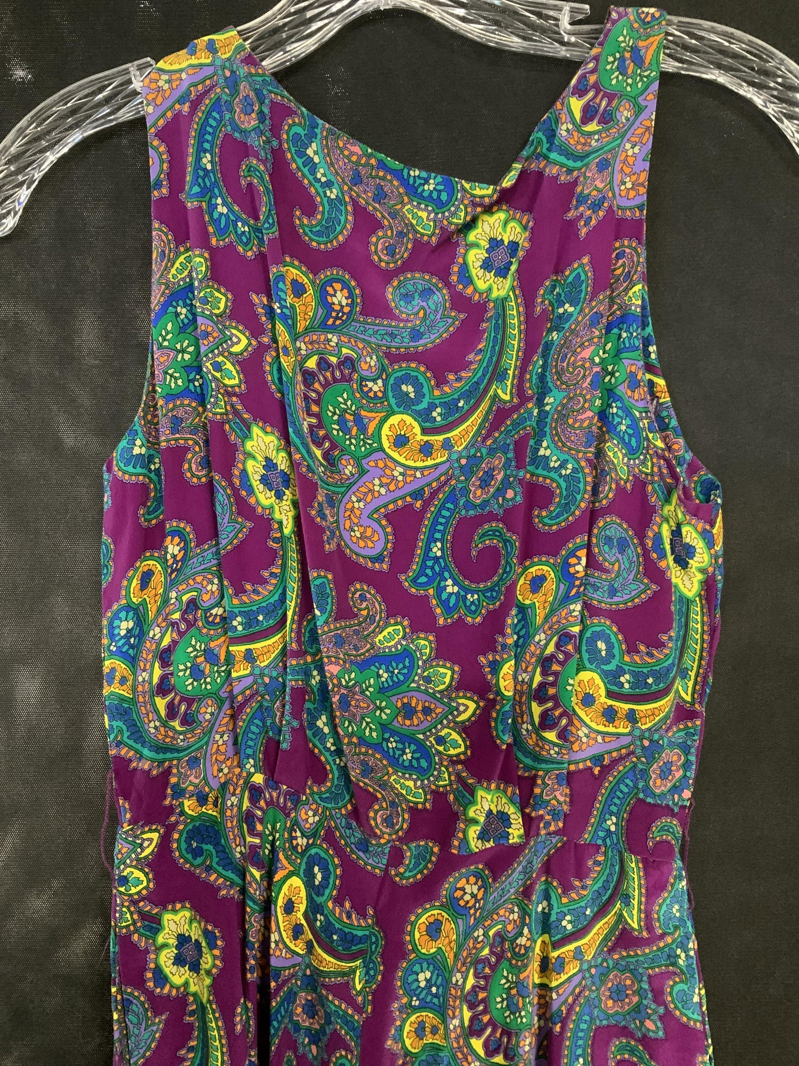 Silk Paisley Magenta Summer Dress: Magenta Sleeveless maxi dress with multi chroma paisley and scroll design. All silk. Waist 24 in. , flowy skirt, ankle length. V backside with zipper. Loops for a belt. Ladies wearables, Ladies spring