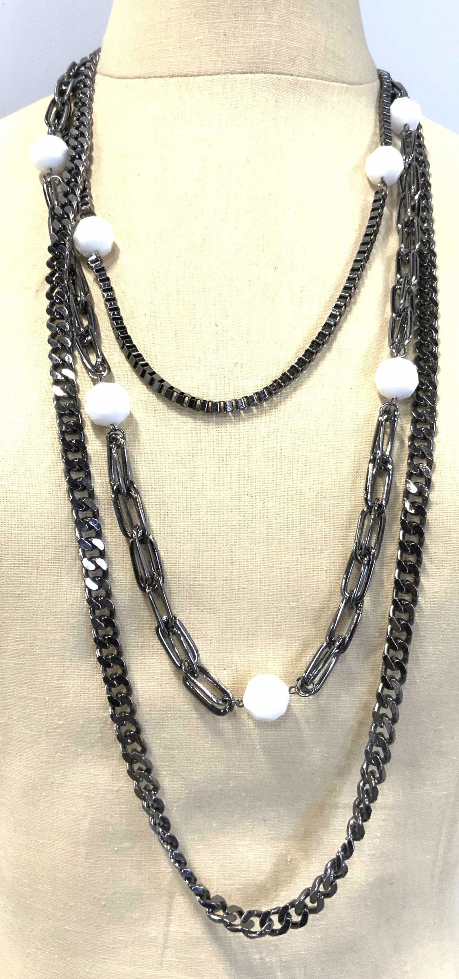 Multistrand Grey Chain & White Beaded Necklace (1 of 4)