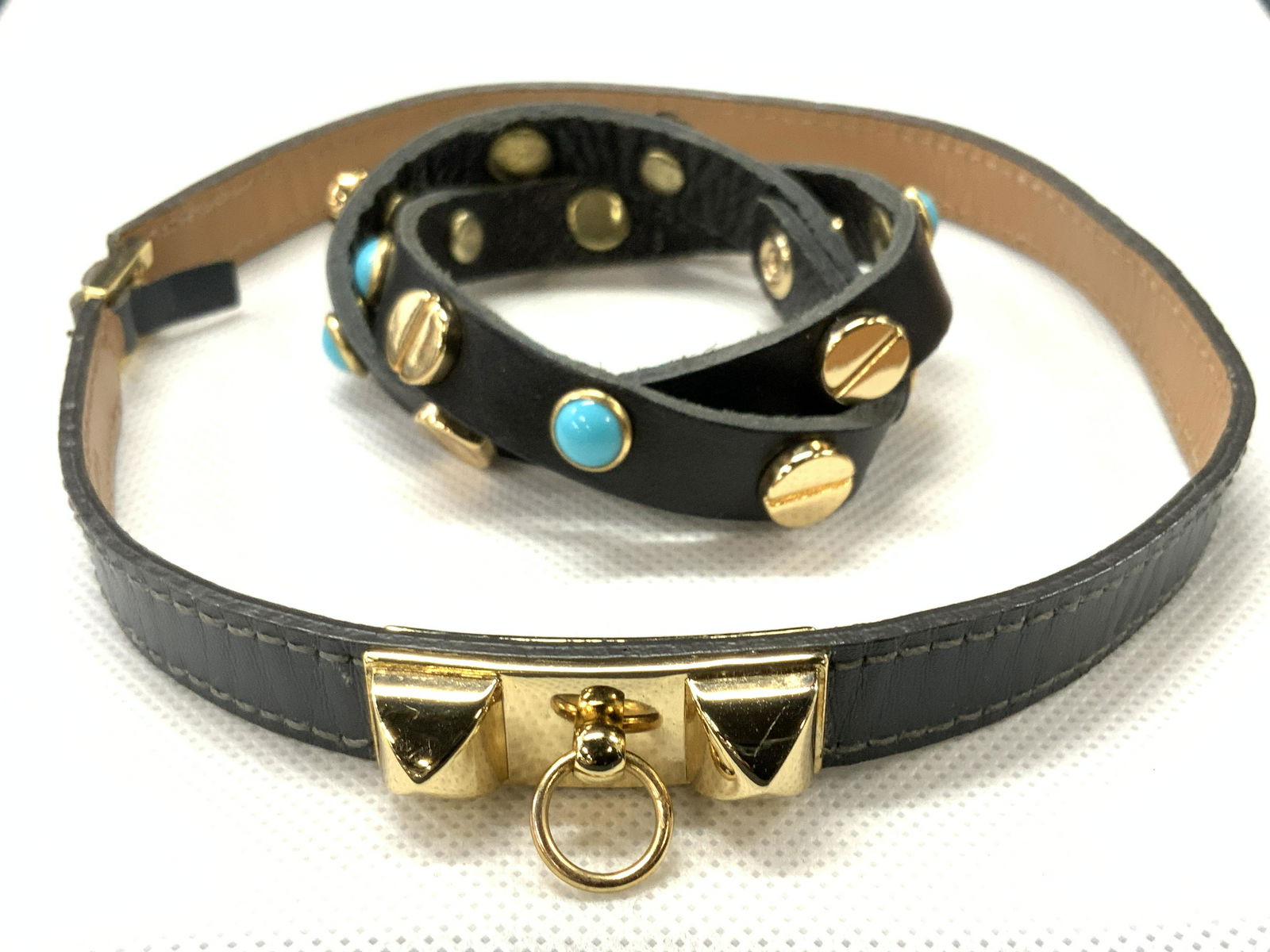 Vintage Black & Blue Leather Bracelet & Necklace (1 of 7)