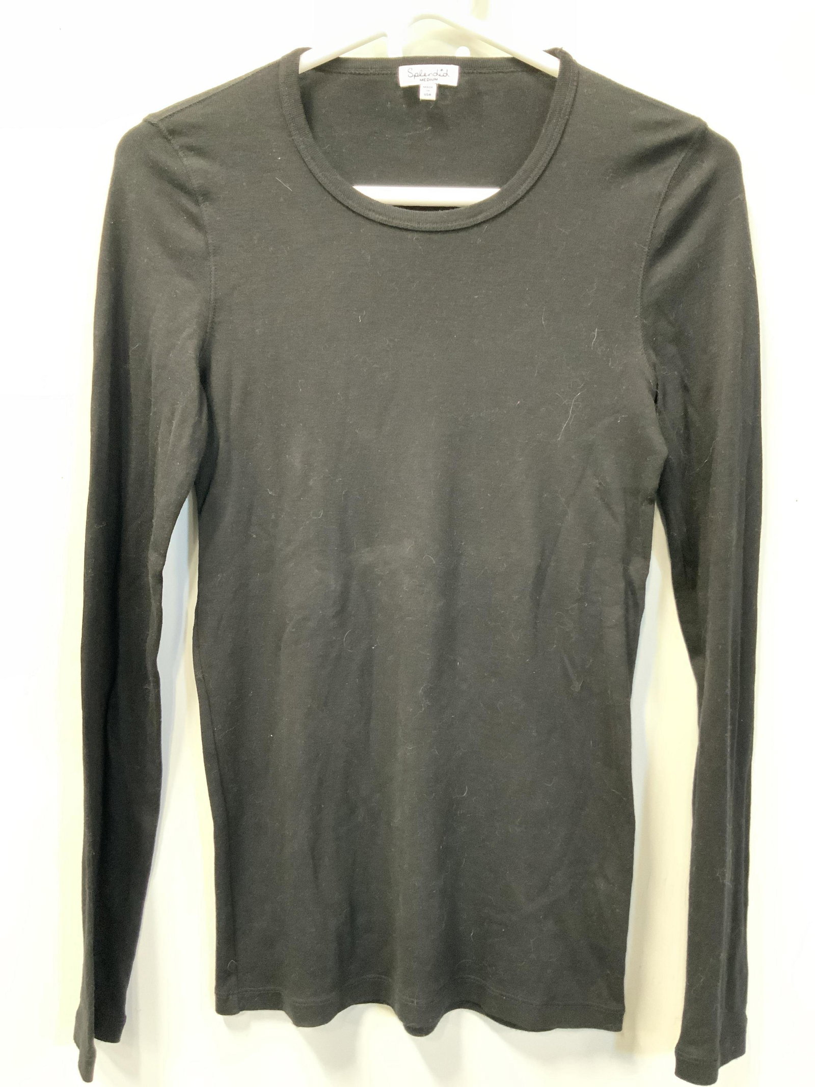 SPLENDID Medium Black Long Sleeve Shirt: Black long sleeve shirt, crew neck. Marked on tag Splendid, Medium, made in U.S.A. Material tag is marked 50% Supima Cotton, 50% Modal. Torso from shoulder to bottom, approximately 26 inches long. Spl