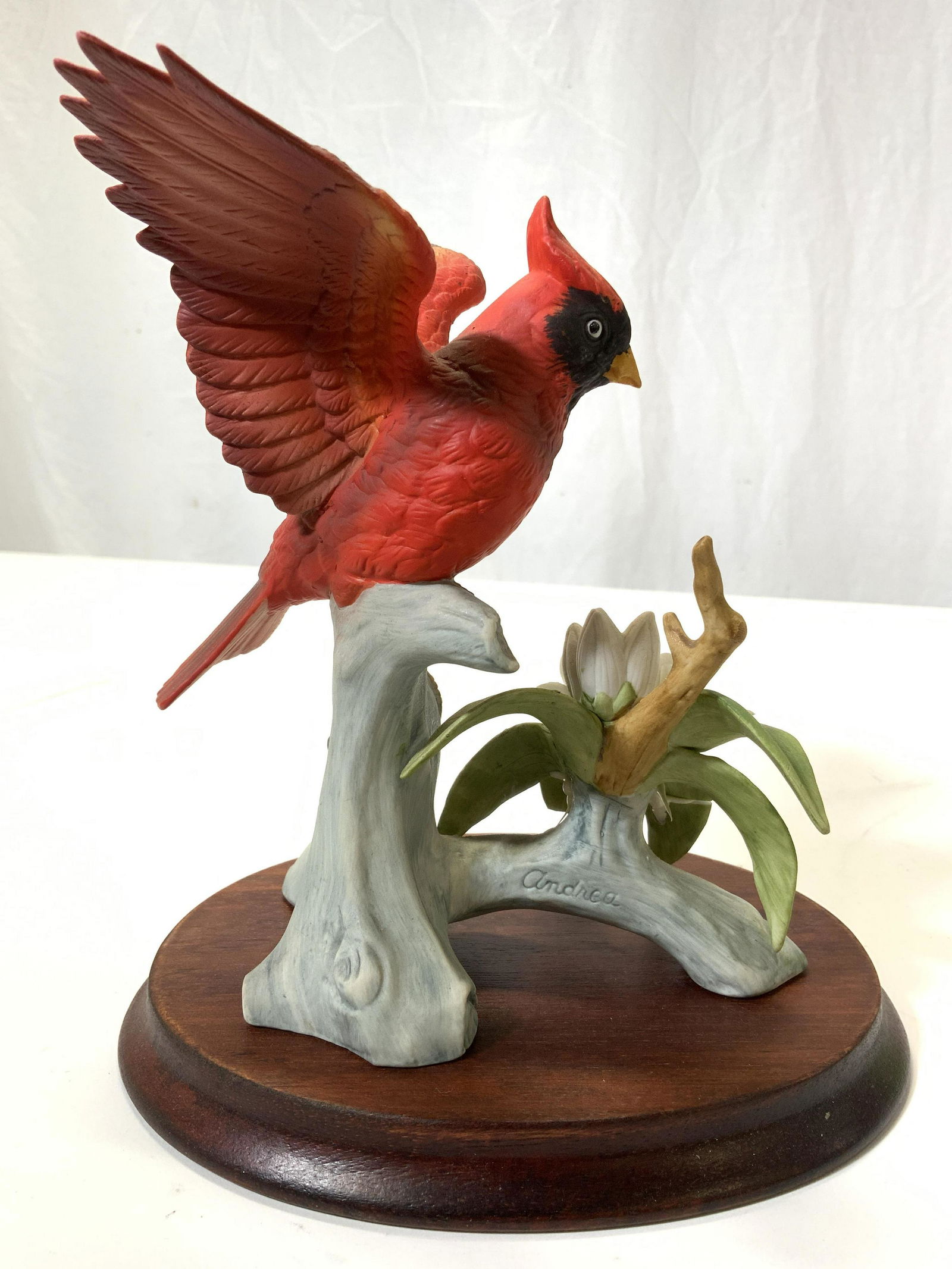 ANDREA Porcelain Cardinal Figure & Wood Base: Figure is signed ANDREA. Piece depicts a cardinal perched on a branch with wings spread. Lot includes ellipse shaped wooden base. Piece is possibly hand painted. Measures approx 7.5 inches tall 7 inch
