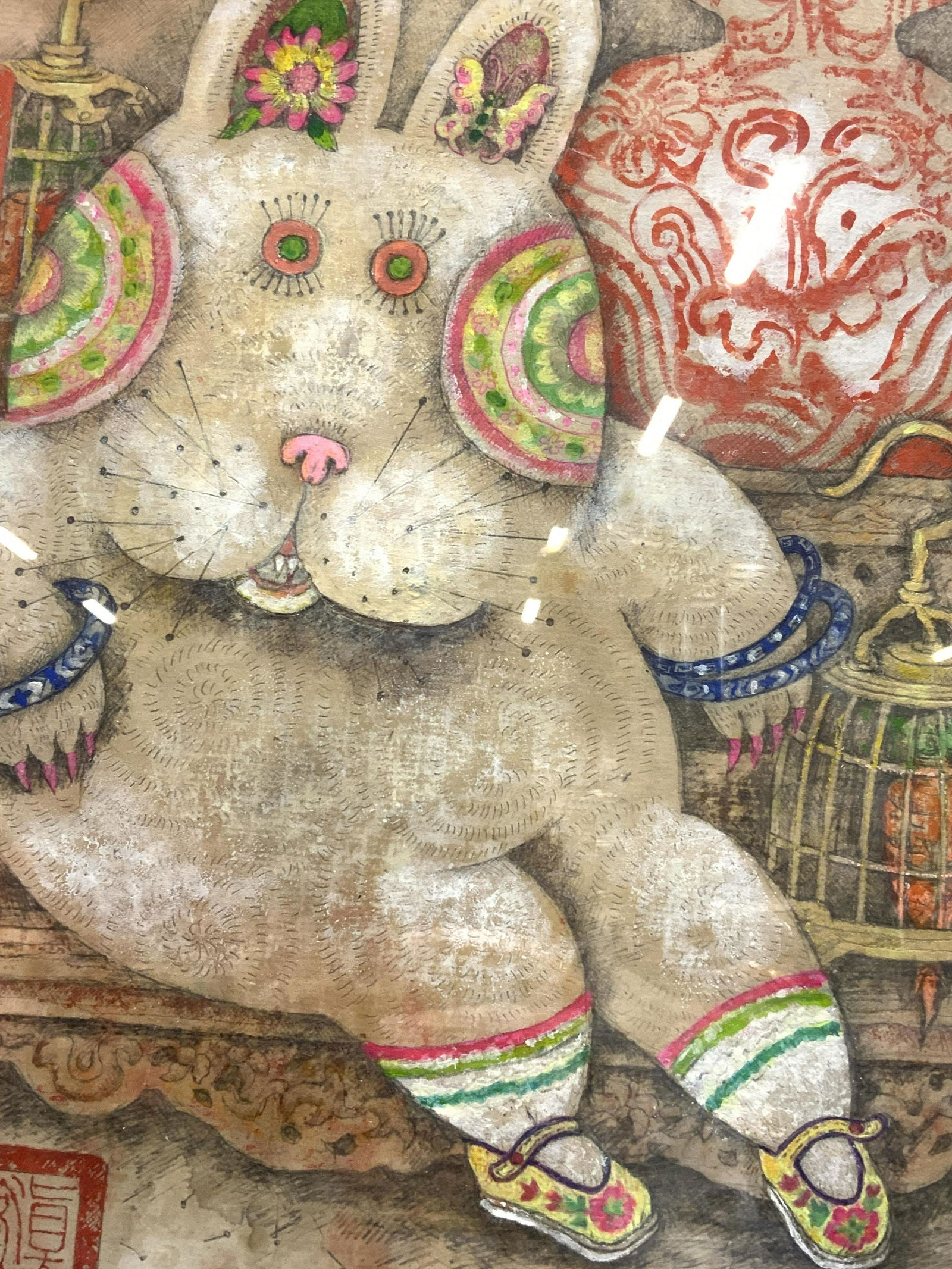 Mixed Media Asian Psychedelic Bunny Art Piece: Mixed Media Asian Psychedelic Bunny Art Piece, lower left corner is inscribed with Asian characters, subject shows a personified bunny wearing socks and shoes, bangles, and pink nails, beside the bunn