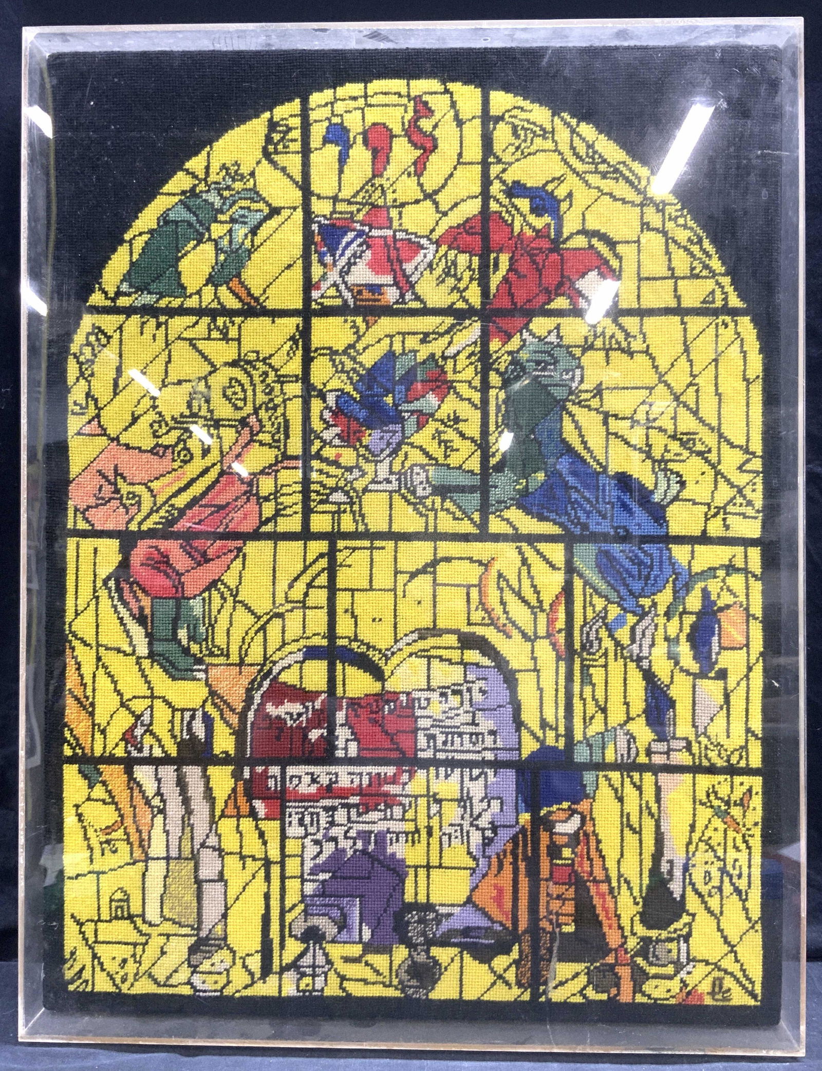 MARC CHAGALL Knitted Replica of Jerusalem Window: MARC CHAGALL Knitted Replica of Jerusalem Window, no apparent inscriptions, subject shows one of the stained glass windows Chagall installed for the Hadassah-Hebrew University Medical Center in Jerusa