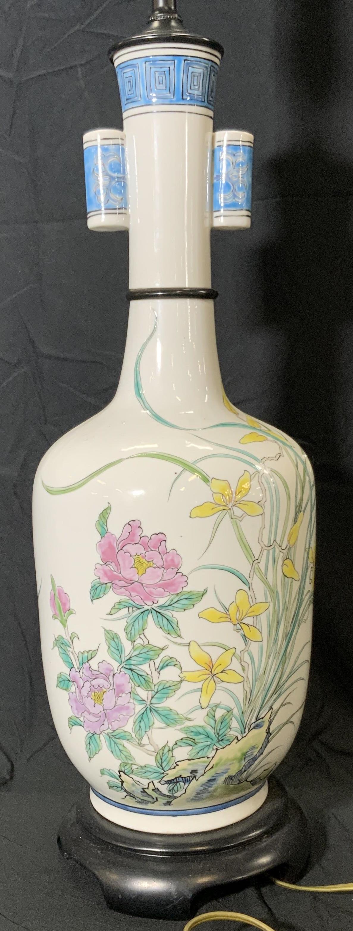 Vintage Floral Porcelain Lamp w/ Wood Base (1 of 8)