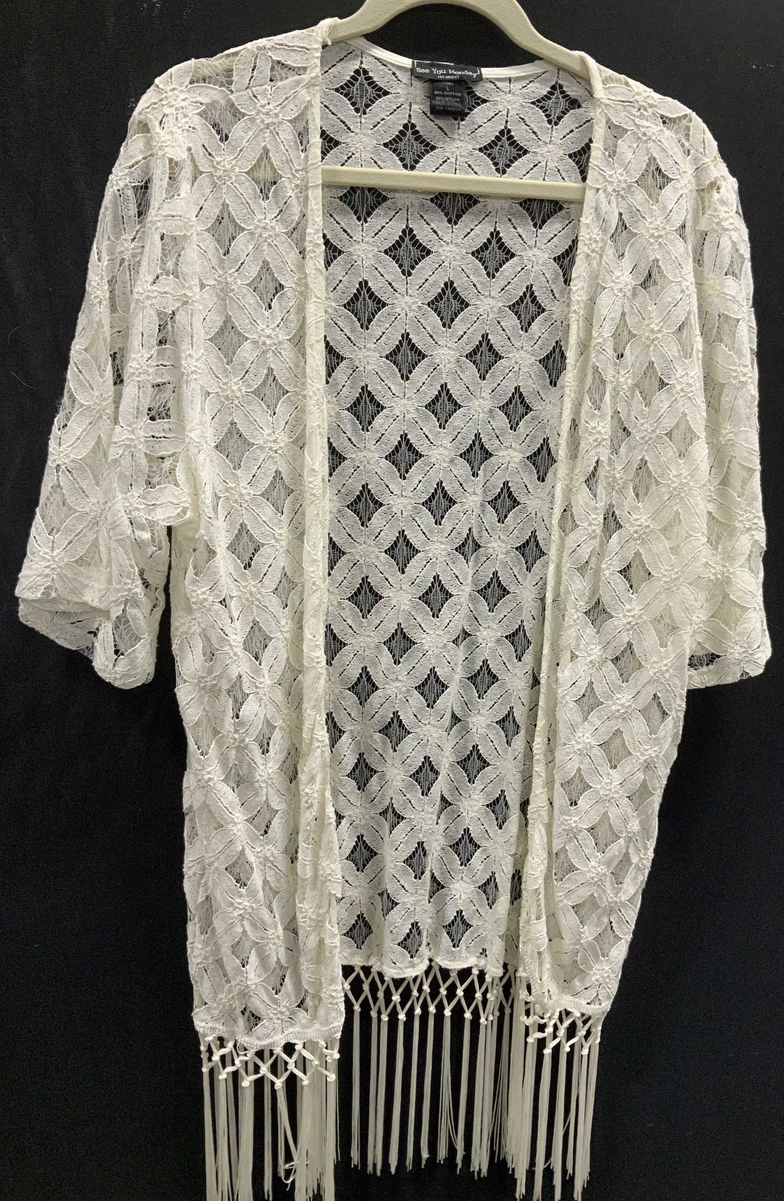 SEE YOU MONDAY LA Cotton Lace Cardigan Tunic: Vintage cream toned lace tunic cardigan with end tassels. Short sleeve, 80% cotton, 20% nylon. USA Made. 39 in. Long. Ladies size Large. Ladies dressy tunic, lace cardigan, ladies accessories, Ladies 