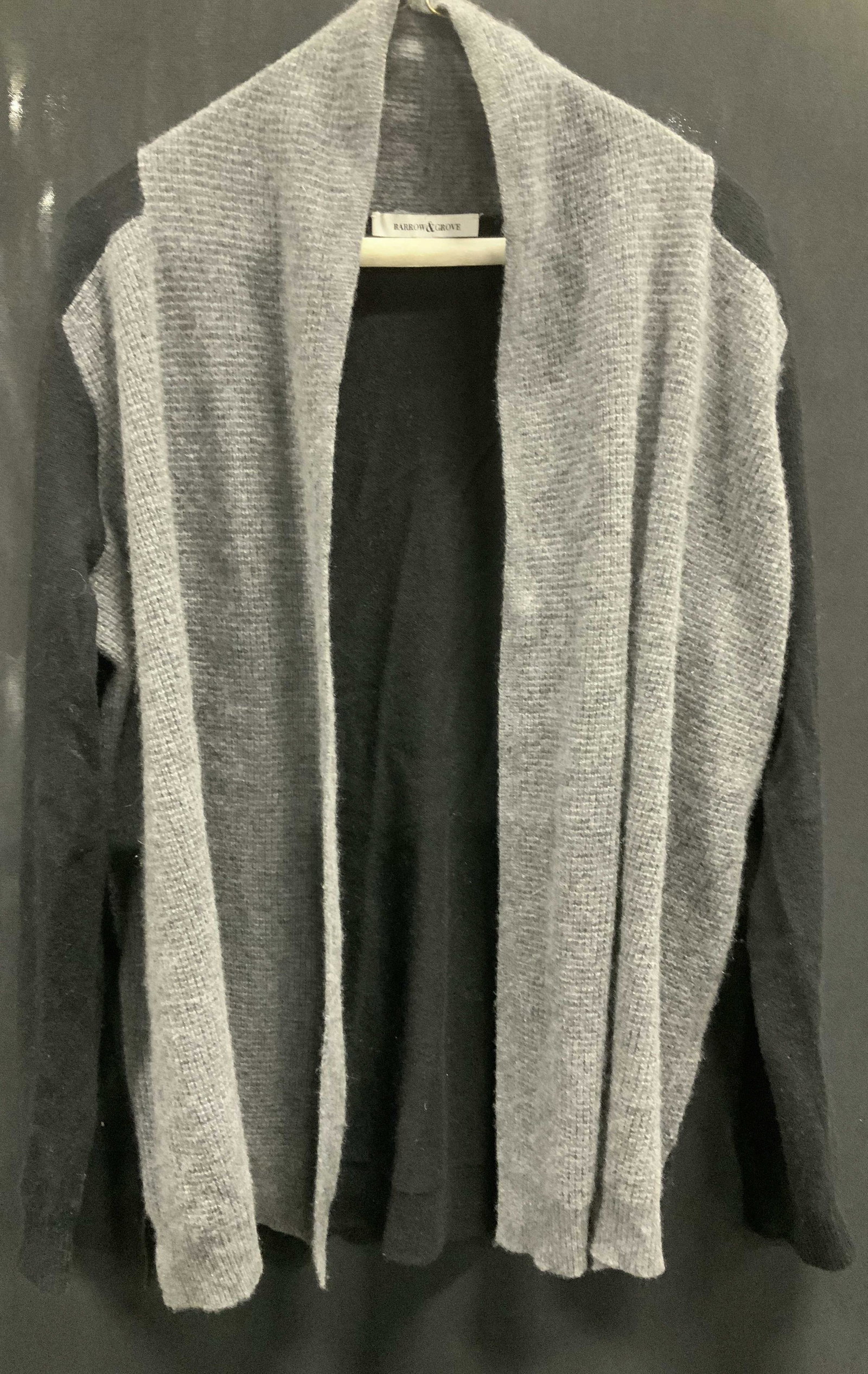 BARROW & GROVE Cashmere Cardigan: Grey and black cashmere cardigan, front side with a textured knit. Labeled cashmere and Barrow & Grove. 28 in. long. Size Medium. Luxury vintage wear, luxury estate wear, luxury vintage cashmere cardi