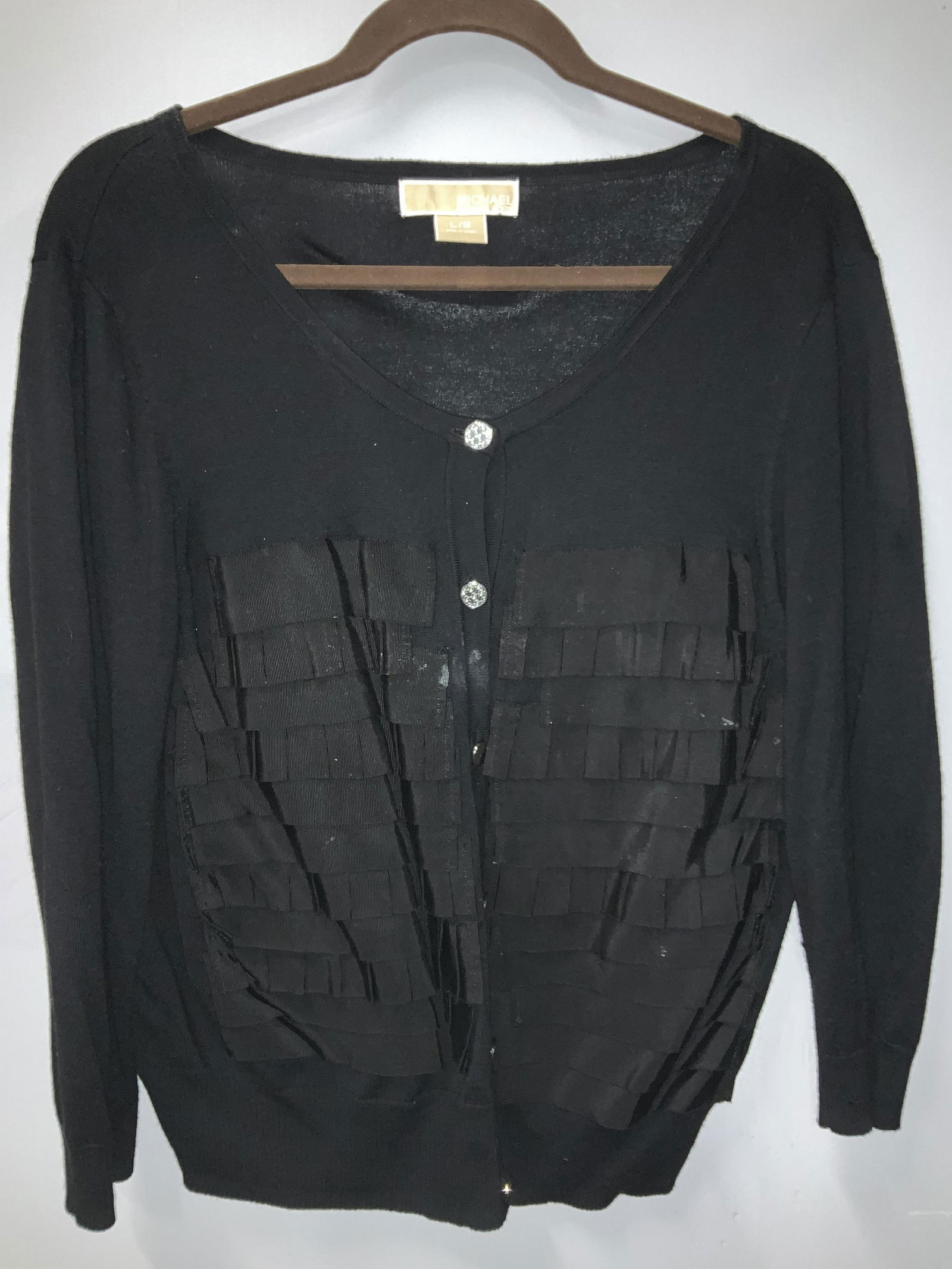 Michael KORS Ruffle Cotton - Rayon Cardigan: Vintage Michael Kors long sleeve cardigan, cotton down, ladies size Large. Front side has a fabric ruffle pattern. Classic black with silver tone buttons. 24 in. long. Needs cleaning. Luxury MK vintag