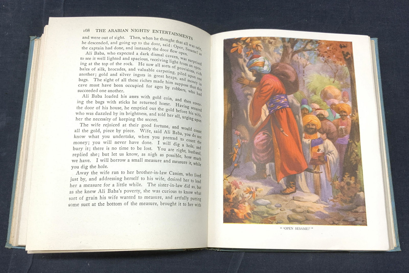 Arabian Nights Turquoise Upholstered Atq. Novel: Arabian Nights Entertainments Turquoise Upholstered Antique Novel, circa 1921, published by The Hampton Publishing Co., each chapter of the novel is a different story or myth, has four color illustrat