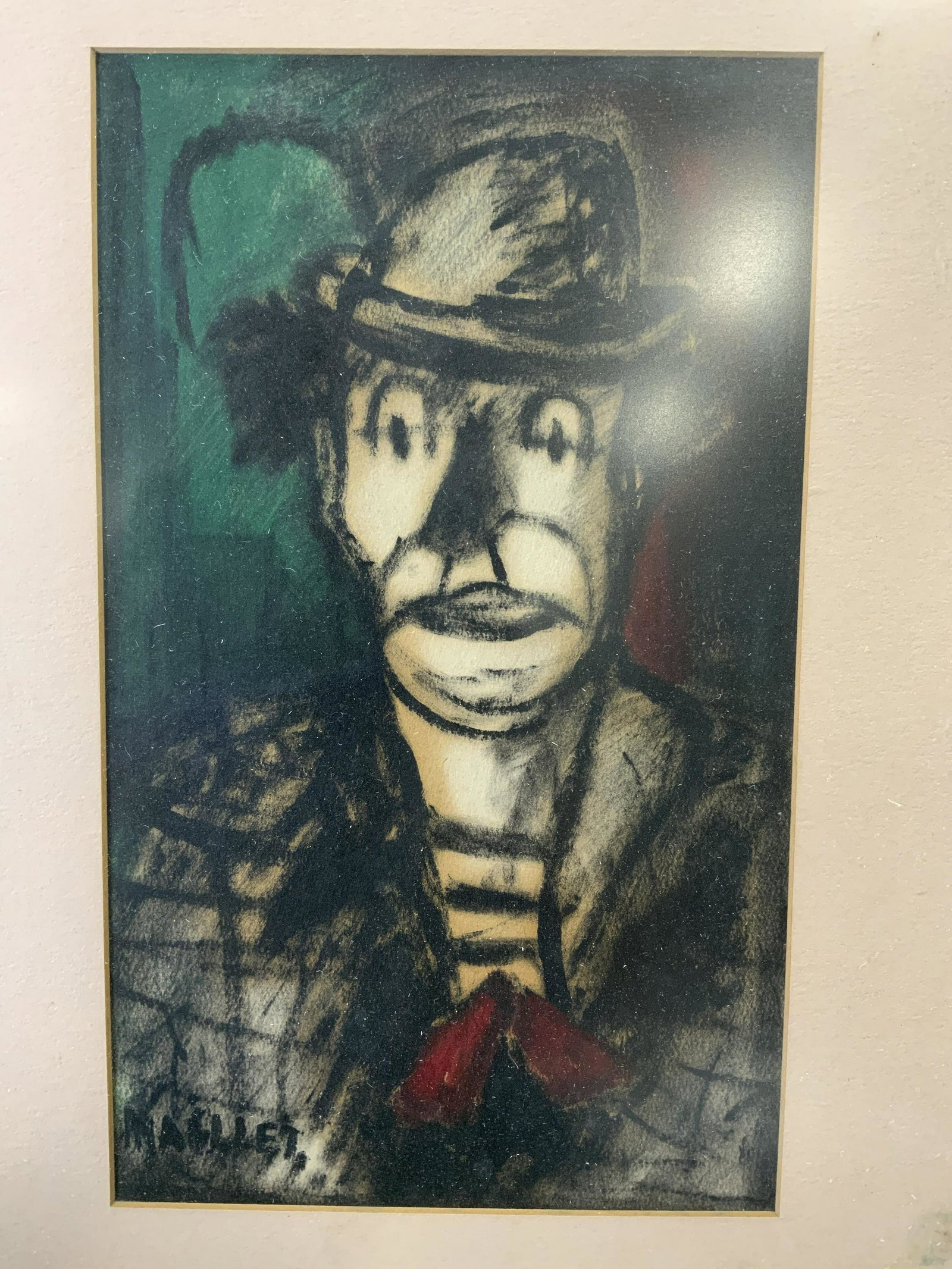 MACLLET Signed Abstract Expressionist Clown: MACLLET Signed Abstract Expressionist Clown, signature to lower left possible reads MACLLET, shows a clown in dark colored toned, frame measures 16 x 22 inches, window measures 9 x 15 inches, metal fr
