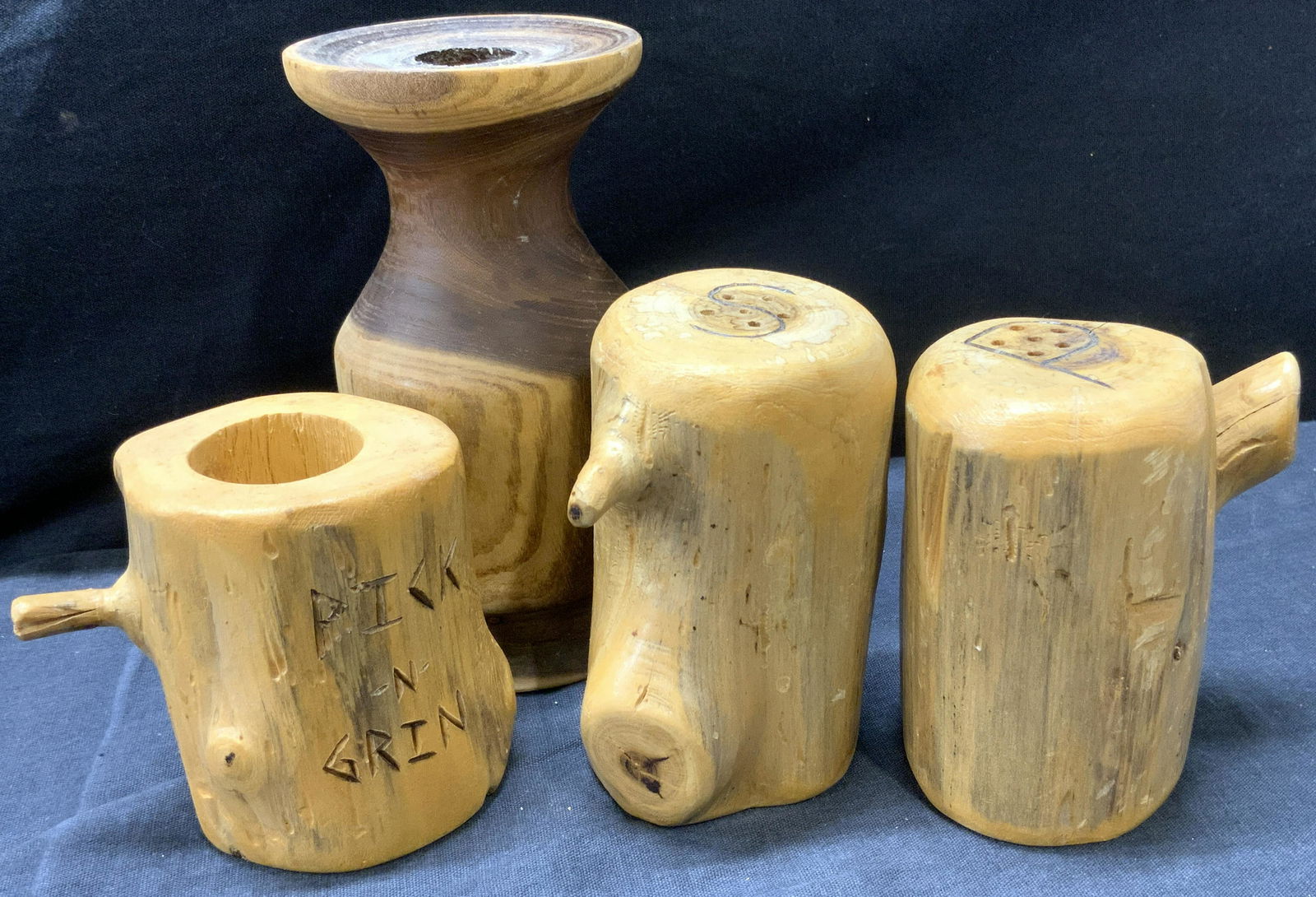 SHERRY CARPENTER Signed Lot of 4 Dining Ware: SHERRY CARPENTER Signed Lot of 4 Woodwork Dining-ware Accessories, each carved woodwork, one vessel measuring approx 5 1/2 in. tall and 3 in. wide, verso signed KAL, one toothpick holder inscribed Pic