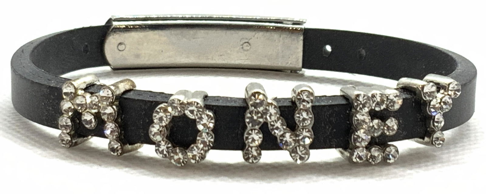 MONEY Black Rubber Bracelet: A black rubber bracelet with gem encrusted letter charms that spell Money along the band. Approximately 2.5 inch diameter. Statement bracelet, rubber bracelet, contemporary jewelry,Fashion Jewelry, Es
