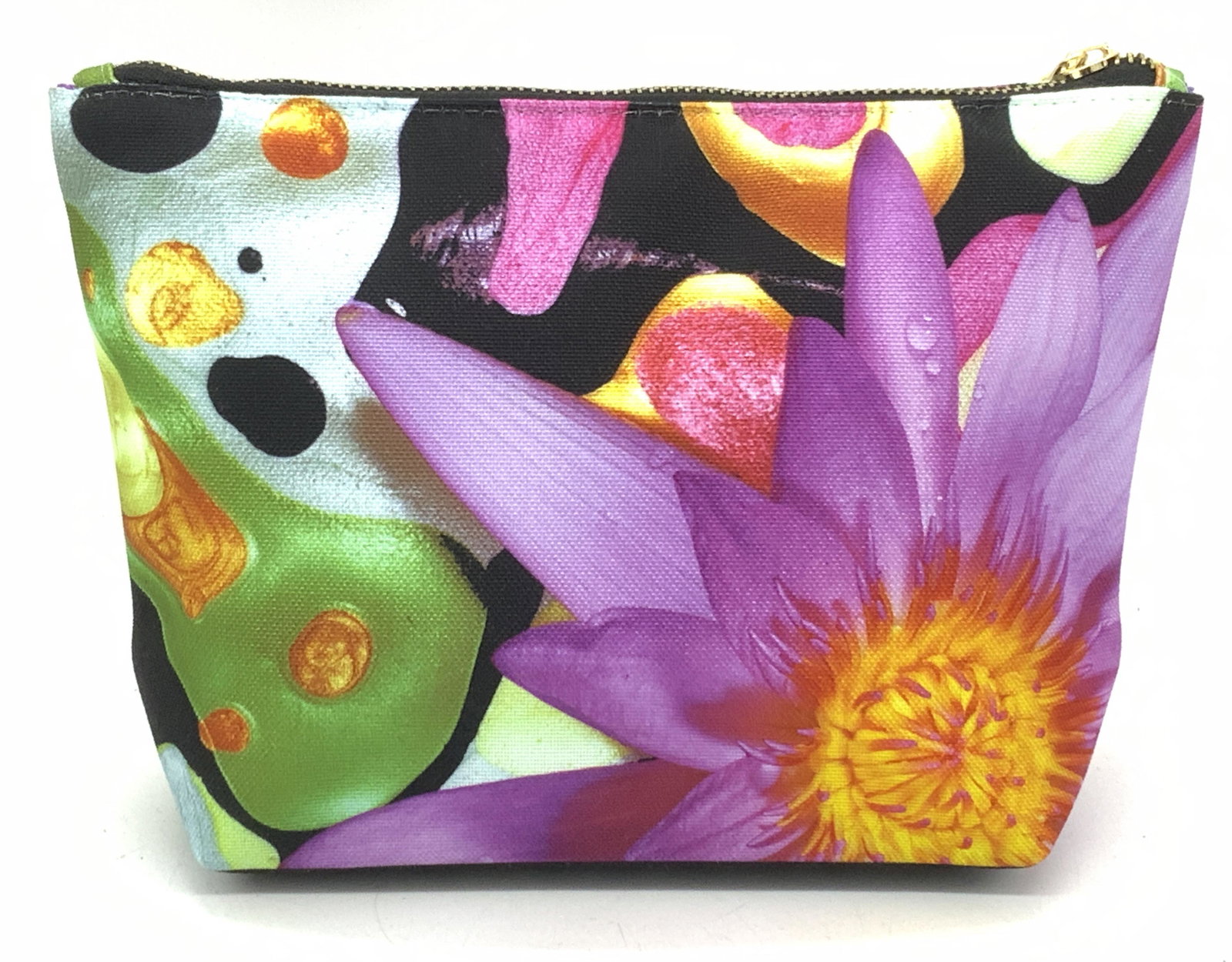 CHRISTOPHER BEANE For N. Marcus Cosmetic Bag: CHRISTOPHER BEANE For Neiman Marcus Cosmetic Bag, canvas material exterior with close-up floral motif, top zipper closure, gold toned hardware, interior lined with purple nylon. Measures approx 7 x 9 