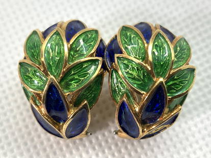 TIFFANY & CO. Sgn 18K Gold Enamel Clip On Earrings: Pair of 18k gold clip on earrings. Blue and green enamel leaf design. Signed on backsides, Tiffany & Co. 18K. Approximately 1 inch long. Total weight 17.9 g. Tiffany & Co. clip on earrings, Tiffany &