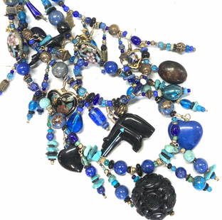 NANCE LOPEZ Lapis Handmade Treasure Necklace: A one of a kind NANCE LOPEZ TREASURE Charm Necklace full of LAPIS LAZULI, TURQUOISE CHIPS, ASIAN CLOISONEE BEADS, ANIMAL AMULETS, colorful glass beads, metal animal charms, natural stone and