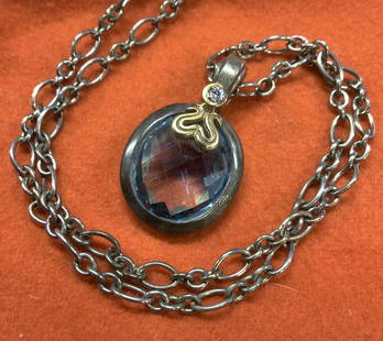 JOHN HARDY Blue TOPAZ & DIAMOND Sterling Necklace: Vintage SIGNED JOHN HARDY Pendant necklace , chain and pendant sterling silver. Pendant has a check faceted blue topaz with a solitaire 3 mm Diamond near bail. Topaz measures app 15 x 12 mm, bezel set