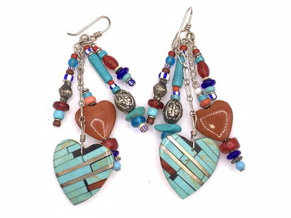 Turquoise Beaded Earrings in Lux Bond & Green Box: Handmade boutique style jewelry, beaded and inlaid cardigan, turquoise, red and blue glass beads and embossed silver tone beads. 3 in. Long, fish hooks. Large heart measures app 1 in. W. This is shell