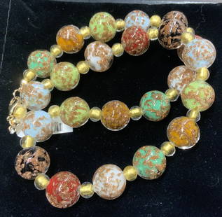 MURANO Gold Fleck Bead Necklace w 14K clasp NIB: Luxury 18 in. L colorful Murano glass necklace. Colored glass within clear glass - include, red, sky blue, greens, black, yellow and orange. alternate beads are gold leaf encased in Murano glass,