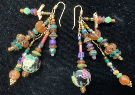 Nance Lopez Handmade Beaded Dangle Earrings, box: Collectible NANCE LOPEZ Treasure Charm Dangle earrings. 10 k Fish hooks ( tests positive for 10 K , possibly gold filled as well). gemstone and glass beads with end Asian bead, 15 mm. Made by