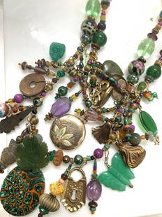 NANCE LOPEZ Lux Handmade Treasure Amulet Necklace: Collectible NANCE LOPEZ Treasure Charm Necklace with 1/20 14k Gold Filled clasp , gemstone beads, Gemstone Amulet Charms, colorful glass beads, Murano Mille Fiori pendant, Asian cloisonne beads, more.