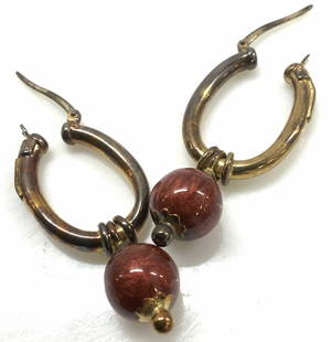 GASTON 18k Hoop Earrings w Glass Bead, sgn: Vintage Oval shape hoop earrings with gangling red glass bead. Snap closure, huggie style. Signed GASTON IERO 750 with Star symbol and marked next to star reads 226 AR. Earring length 1.5 in.