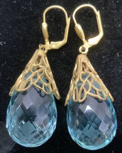 Faceted Blue Topaz Style MC Glass Pear Earrings: Vintage Mid century style statement earrings, lever back clasp ( which appear to be an updated clasp and slightly different Metal than on jewelry), chunky faceted glass teardrop shape stone 1 x 5/8 in