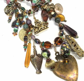 NANCE LOPEZ Mixed Stone/ Amulet Treasure Necklace: Collectible NANCE LOPEZ Treasure Charm Necklace with 1/20 12k Gold Filled clasp , gemstone beads, detailed metal amulet charms, colorful glass beads, Asian cloisonne beads, more. Some pieces may be an